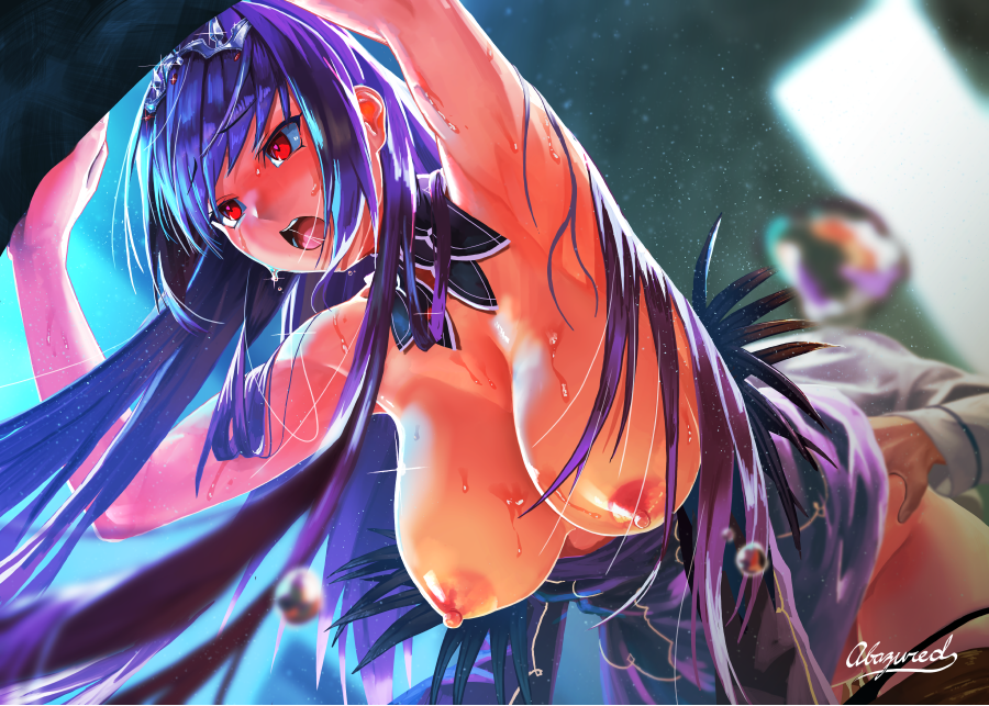 1boy abazu-red armpits arms_up artist_name bent_over black_panties blurry blurry_background breasts clothed_sex clothes_pull commentary depth_of_field detached_collar dress dress_pull fate/grand_order fate_(series) female from_below fur_trim hanging_breasts indoors large_breasts long_hair nipples no_bra open_mouth panties panty_pull pantyhose pantyhose_pull purple_dress purple_hair red_eyes scathach_(fate) scathach_skadi_(fate) sex sex_from_behind solo_focus straight sweat tiara underwear