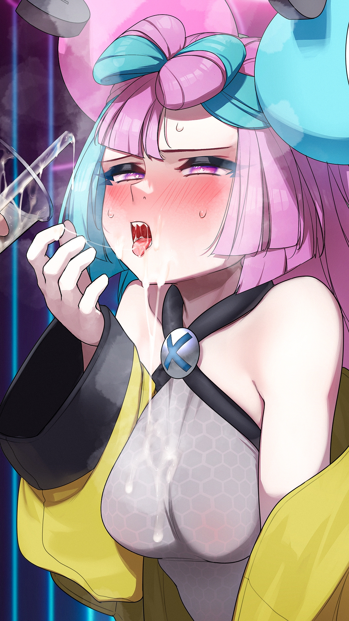 1boy, 1girls, alternate breast size, blue hair, blush, blushing profusely, breasts, clothed, creatures (company), cum, cum drinking, cum in container, female, game freak, gokkun, hi res, high resolution, highres, hizake, iono (pokemon), kashu (hizake), large breasts, light skin, light-skinned female, male, nintendo, pink eyes, pink hair, pokemon, pokemon sv, twintails, two-tone hair