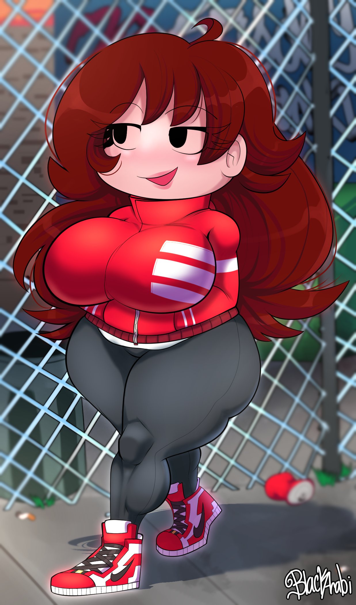 auburn_hair background big_breasts blackarabi breast_bulge drip female friday_night_funkin girlfriend_(friday_night_funkin) long_hair nike shoes smile sneakers thick_thighs