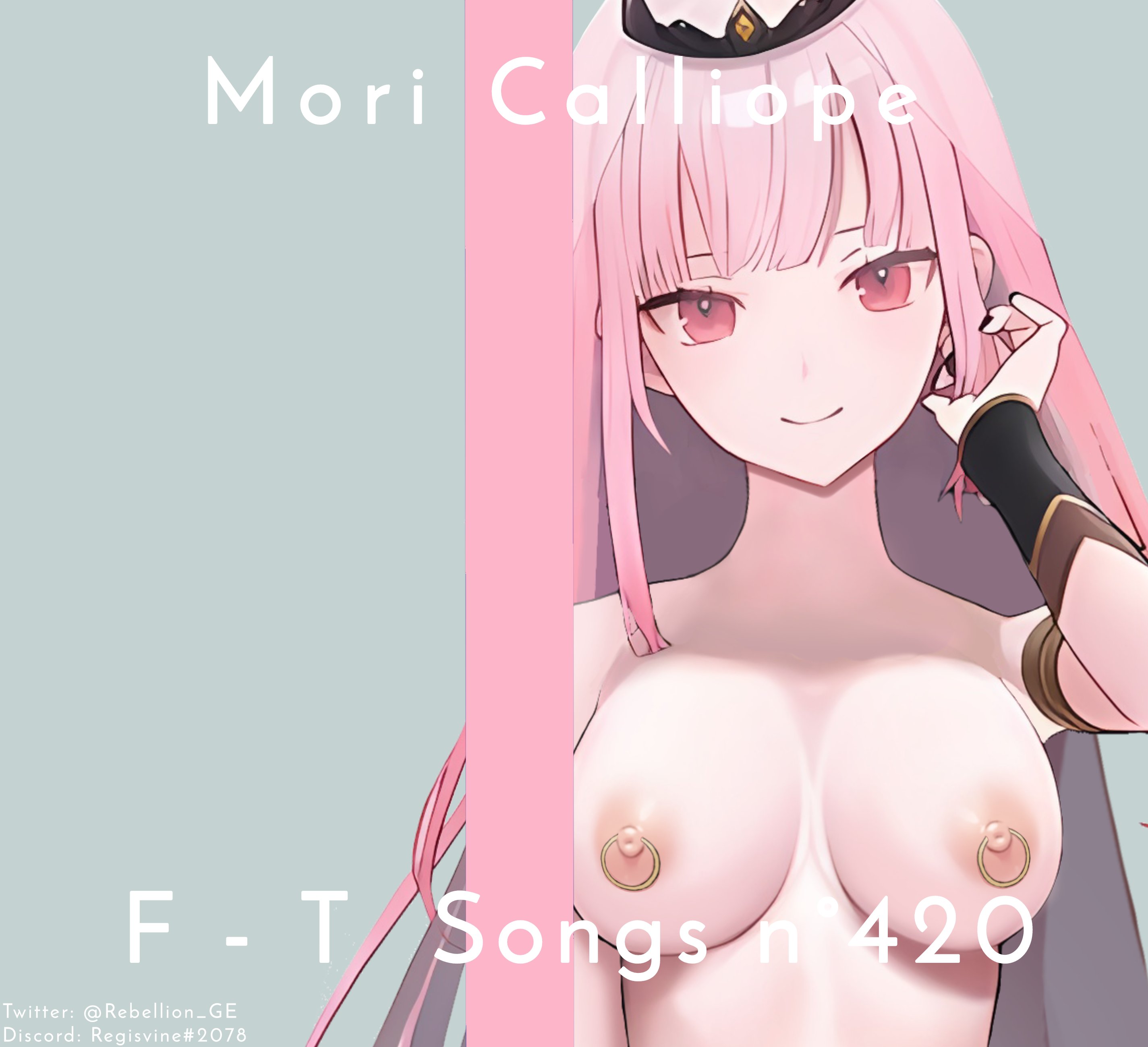 1girls, accurate art style, areolae, artist name, bangs, big breasts, black nails, breasts, discord (app), discord tag, edit, english text, female, female only, grey background, hololive, hololive english, hololive myth, human, human only, light skin, light-skinned female, long hair, mori calliope, nail polish, naked, nipple piercing, nipples, nude, nude edit, nude female, piercing, pink eyes, pink hair, regisvine2078, simple background, solo, solo female, text, twitter username, virtual youtuber