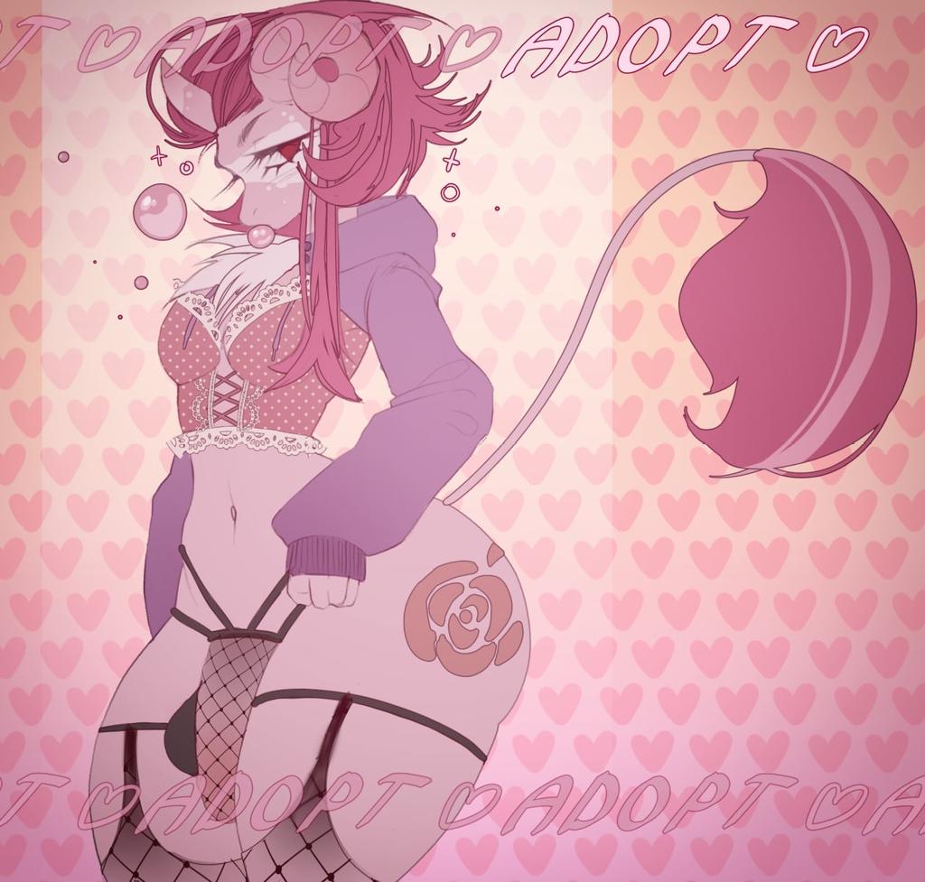 1futa, anthro, ass, balls, big ass, big balls, big penis, big thighs, bottom heavy, breasts, bubble gum, clothed, clothing, e0sca, flaccid, furry, futa only, futanari, horn, horns, huge hips, intersex, medium breasts, oc, original character, partially clothed, penis, pink body, pink hair, pink skin, solo, solo futa, tail, thick thighs, thighhighs, thighs, wide hips