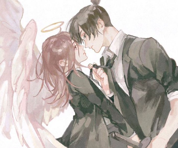 2boys, angel devil (chainsaw man), chainsaw man, fully clothed, gay, hayakawa aki, long hair, male, suit, yaoi