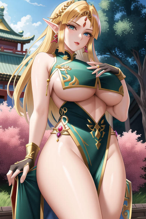 ai generated, blonde hair, blue eyes, breasts, chinese clothes, female, female only, fully clothed, large breasts, nintendo, princess zelda, revealing clothes, stable diffusion, the legend of zelda, underboob cutout, video games