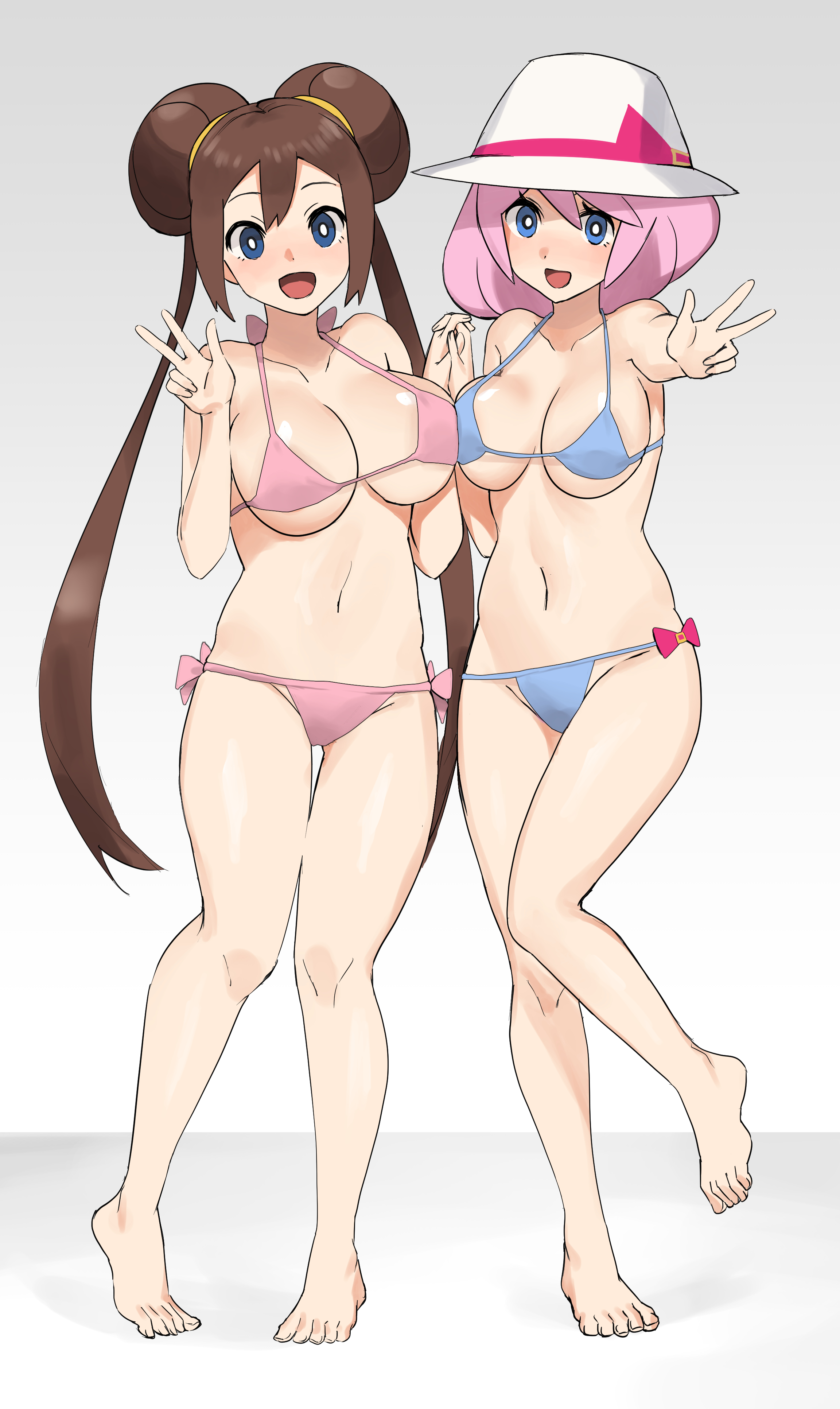 2023, 2girls, absurd res, barefoot, belly, big breasts, bikini, blue eyes, breast press, breasts, breasts pressed against another, breasts pressed together, brown hair, cute, feet, female, female only, hair bun, hat, medium breasts, nancy (pokemon), nintendo, non nude, oyatsu 0, peace sign, pink hair, pokemon, pokemon bw2, rosa (pokemon), smile, toes, v sign, wholesome, yancy (pokemon)