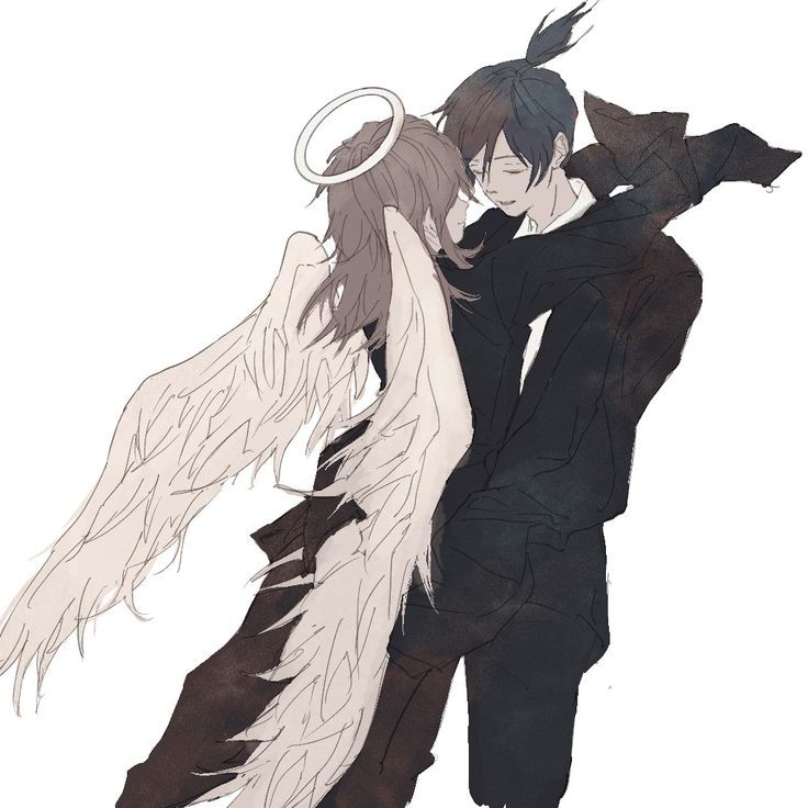 2boys, angel boy, angel devil (chainsaw man), angel wings, artist request, chainsaw man, clothed, feathers, fully clothed, gay, halo, hayakawa aki, intimate, light-skinned male, male, male focus, male only, non-sexual, suit, tied hair, wholesome, wholesome hug, yaoi