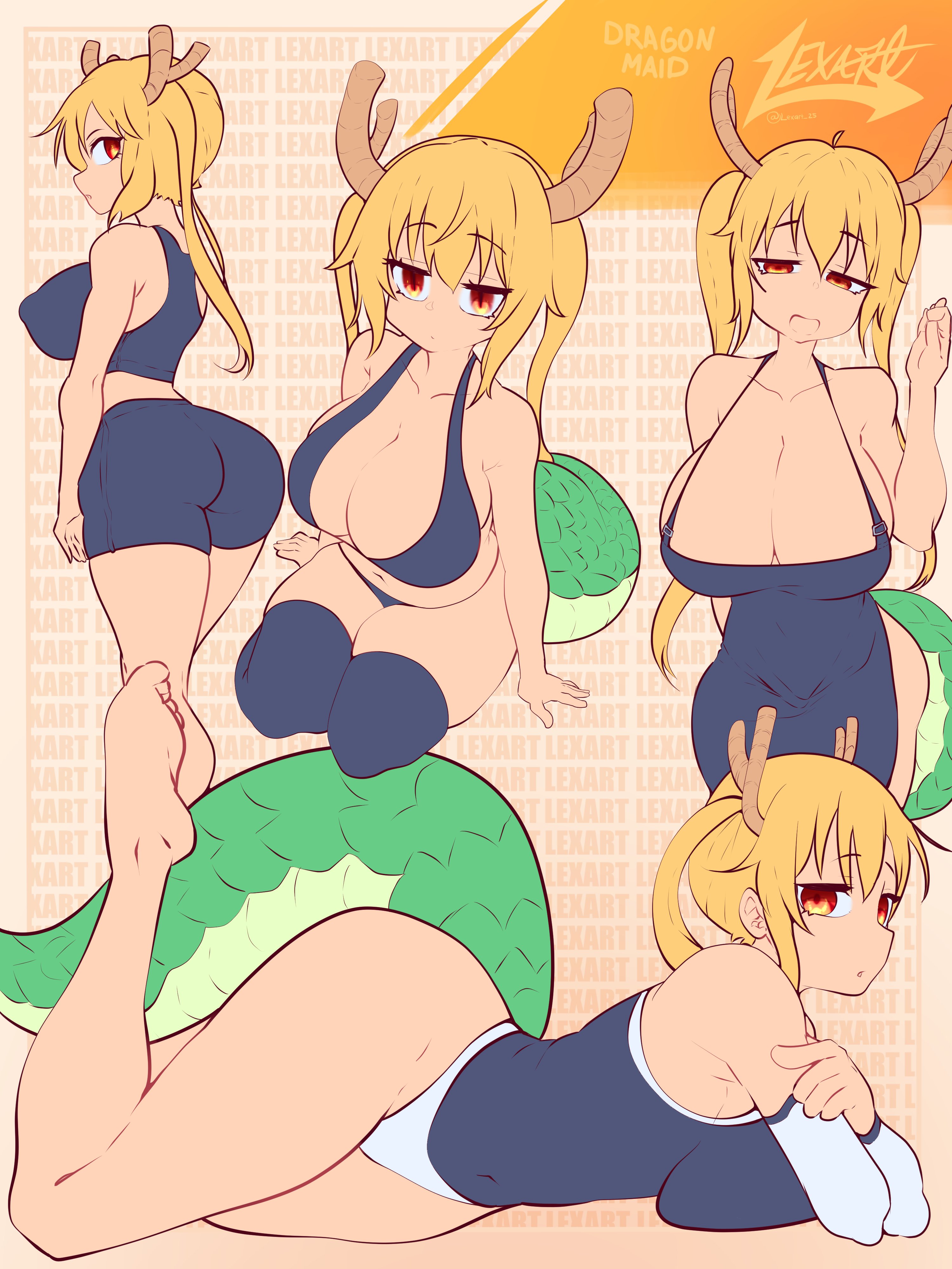 1girls, apron, ass, big breasts, breasts, female, female only, horns, legwear, lexart thighzzzz, miss kobayashi's dragon maid, orange eyes, solo, swimsuit, tail, thick thighs, thighhighs, thighs, tohru (dragon maid), twintails