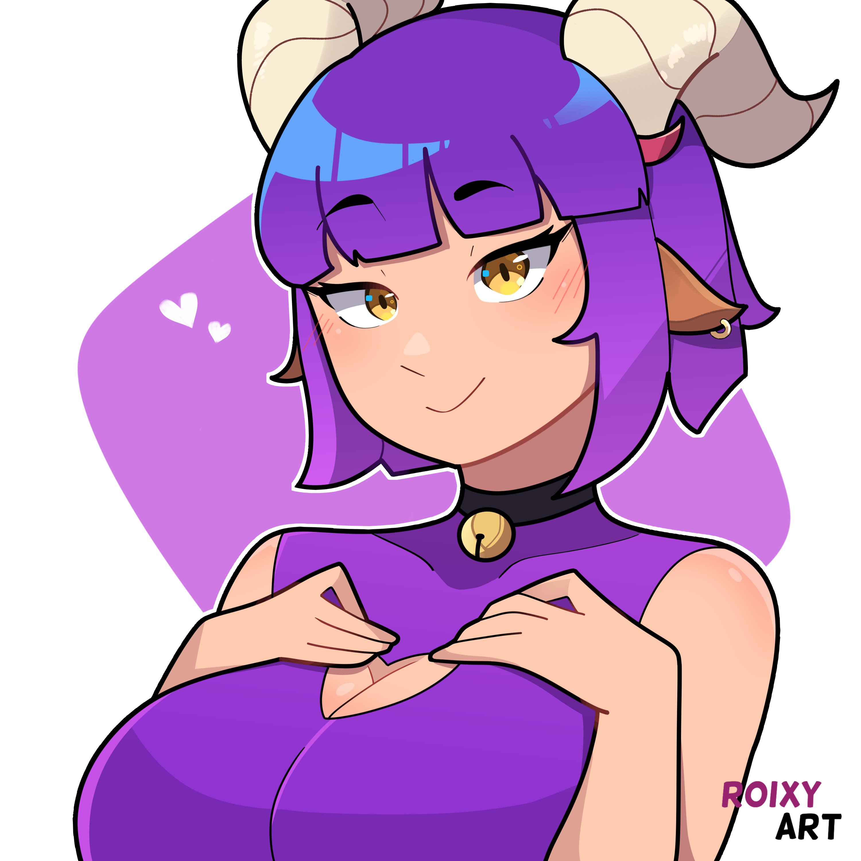 1girls, big breasts, breasts, choker, collarbone, female, hands on breasts, horns, looking at viewer, oc, original character, purple hair, roixy nsfw, smile, solo female, tagme, yellow eyes