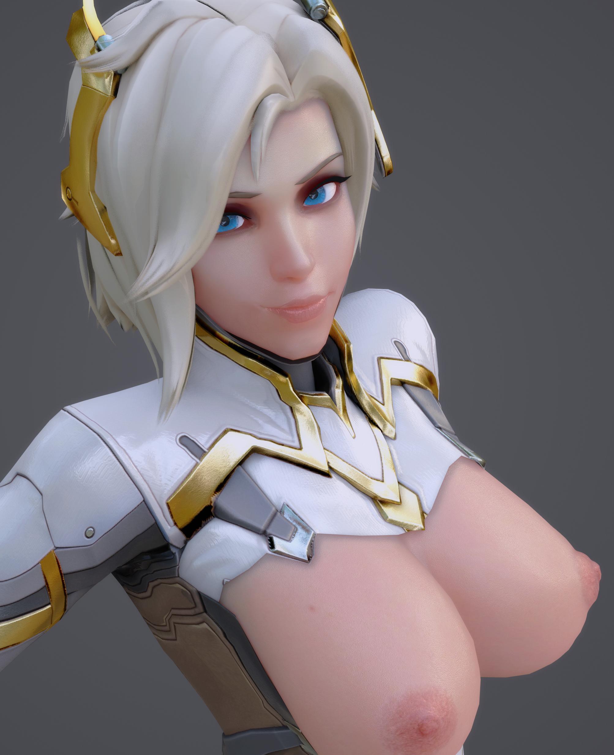 1girls, 3d, angela ziegler, areolae, armor, big breasts, blender, blizzard entertainment, blonde hair, blue eyes, breasts, breasts out, female, female focus, female only, halo, light skin, light-skinned female, looking at viewer, mercy, mercy (overwatch 2 suit), nipples, nude, nude female, overwatch, overwatch 2, rwt4184, simple background, smile, smiling, solo, solo female, solo focus, topless