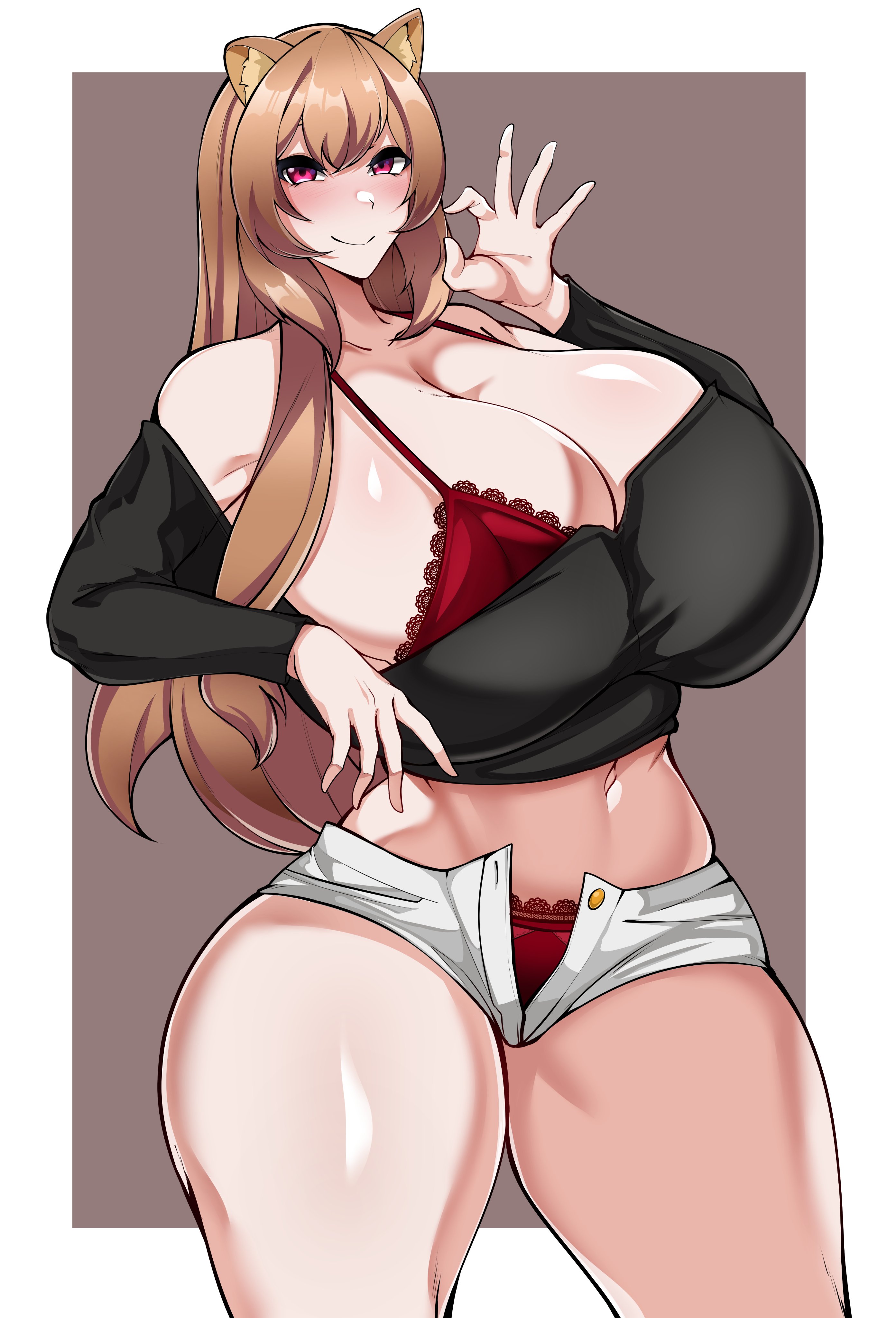 1girls, booty shorts, bra, breasts, brown hair, clothed, female, hips, huge breasts, long hair, massive breasts, owner (artist), panties, raccoon ears, raccoon girl, raphtalia, red bra, red eyes, red panties, short shorts, shorts, smile, tate no yuusha no nariagari, the rising of the shield hero, thick thighs, thighs, wide hips