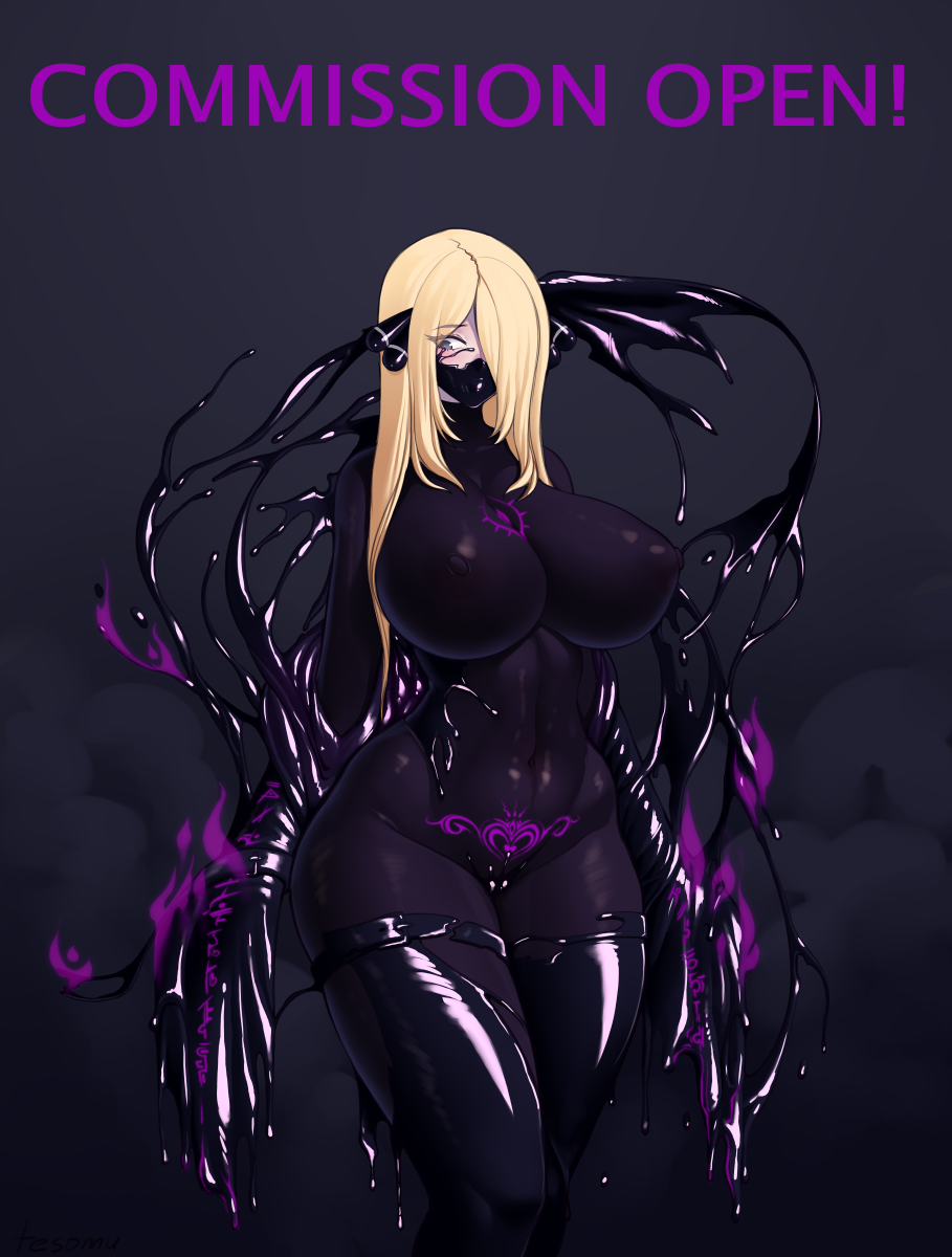 1girls bodysuit corruption cynthia_(pokemon) female female_focus huge_ass huge_breasts human latex liquid_latex nipples pokemon tesomu text thick_thighs wide_hips