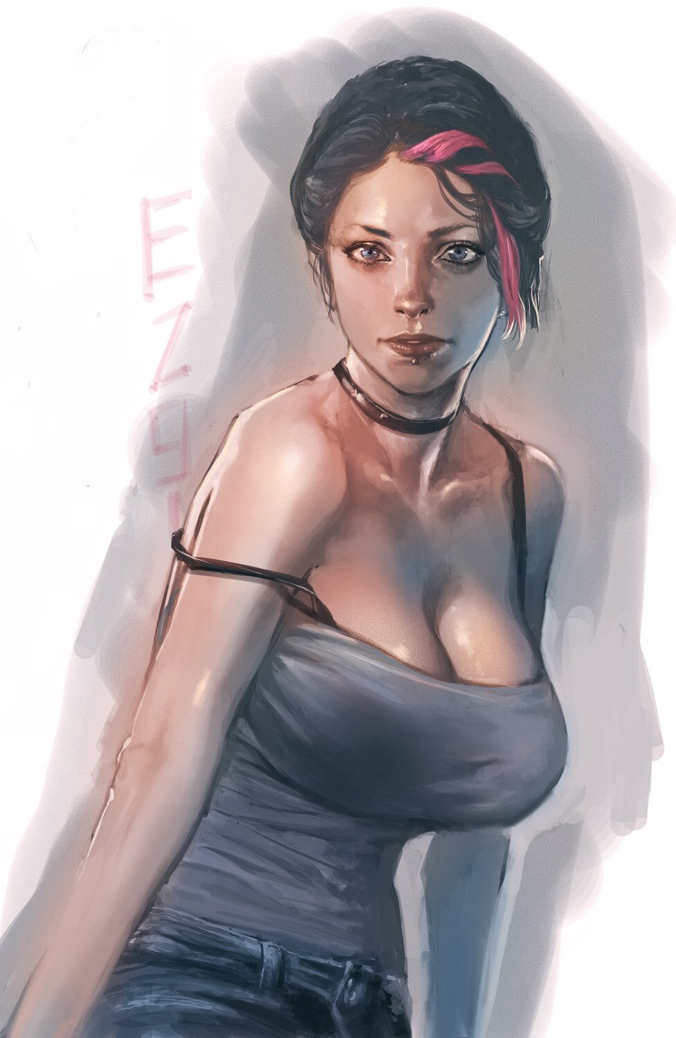 1girls big_breasts black_and_pink_hair blue_eyes blue_jeans bra_strap bra_strap_down choker clothed clothed_female dying_light ezgi female female_only hair_streak huge_breasts solo solo_female sweat sweaty_shirt tank_top