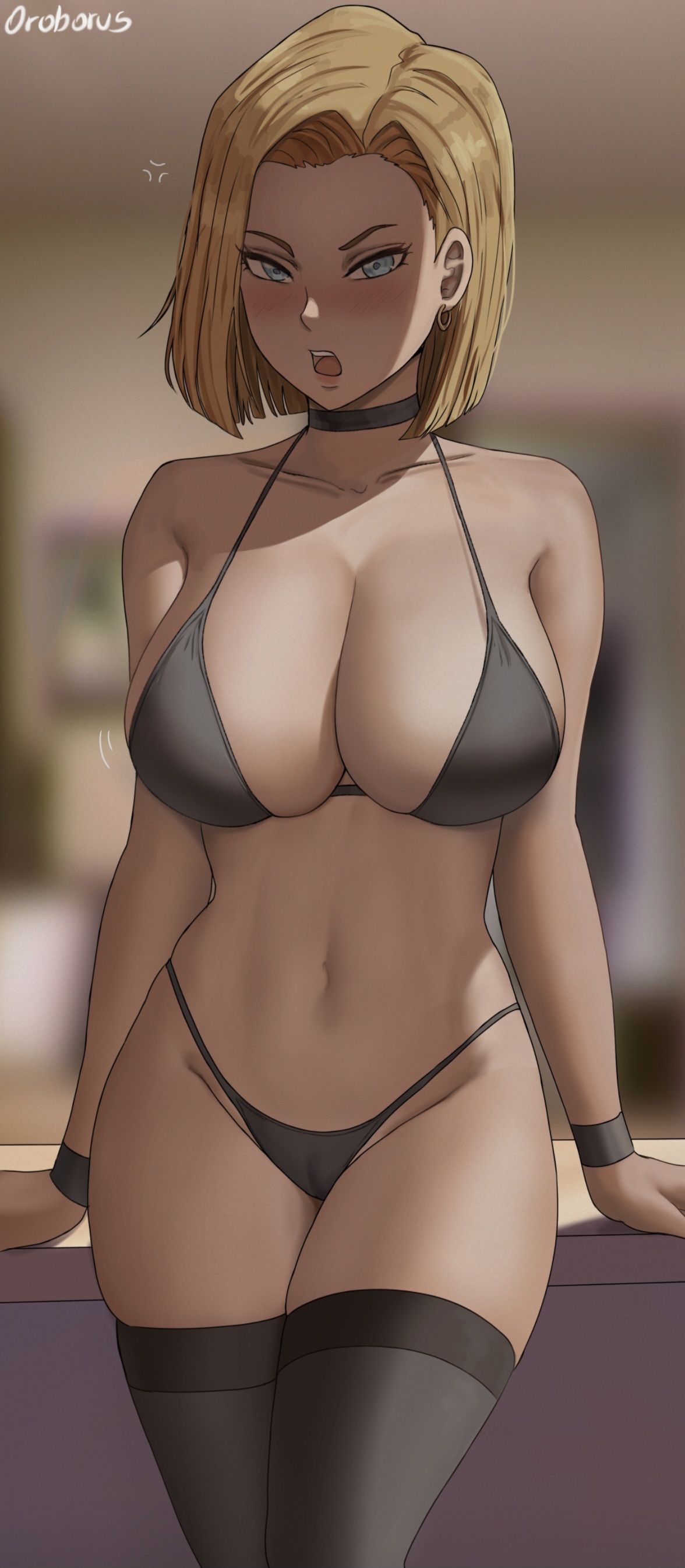 1girls, android 18, big breasts, bikini, black bikini, blonde hair, blue eyes, breasts, choker, dragon ball, dragon ball z, eye contact, female, female only, legwear, looking at viewer, oroborusart, savagexthicc, shounen jump, solo, standing, thick thighs, thighhighs, thighs, thong