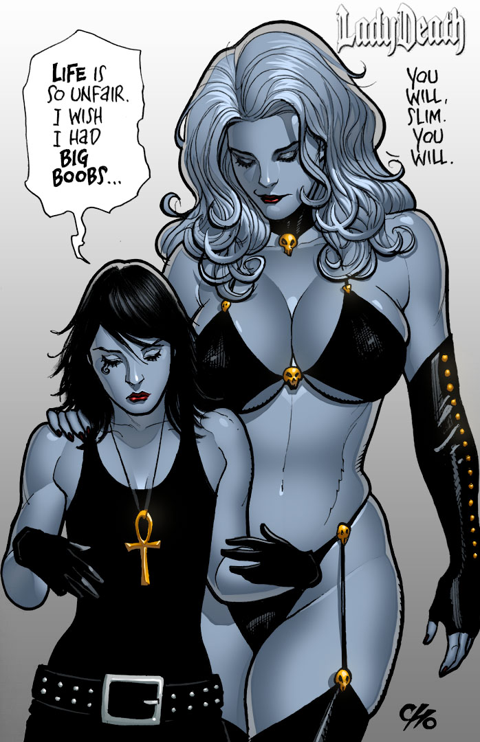 2023 2girls ankh belt big_breasts black_hair chaos_comics chaos_emerald clothing coffin_comics dc dc_comics death_(personification) death_of_the_endless english_text female frank_cho goth grim_reaper handwear height_difference high_resolution humanoid lady_death long_hair milf neckwear pale_skin queen_of_the_dead seductive_look small_breasts speech_bubble swimwear