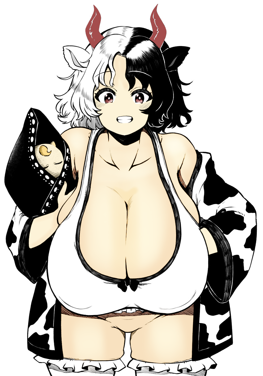 absurdres animal_ears animal_print breasts cleavage color_edit cow_ears cow_horns cow_print female frilled_shorts frills gigantic_breasts haori highres himajin_noizu horns japanese_clothes leaning_forward looking_at_viewer multicolored_hair short_hair shorts simple_background solo split-color_hair statue teeth touhou urumi_ushizaki