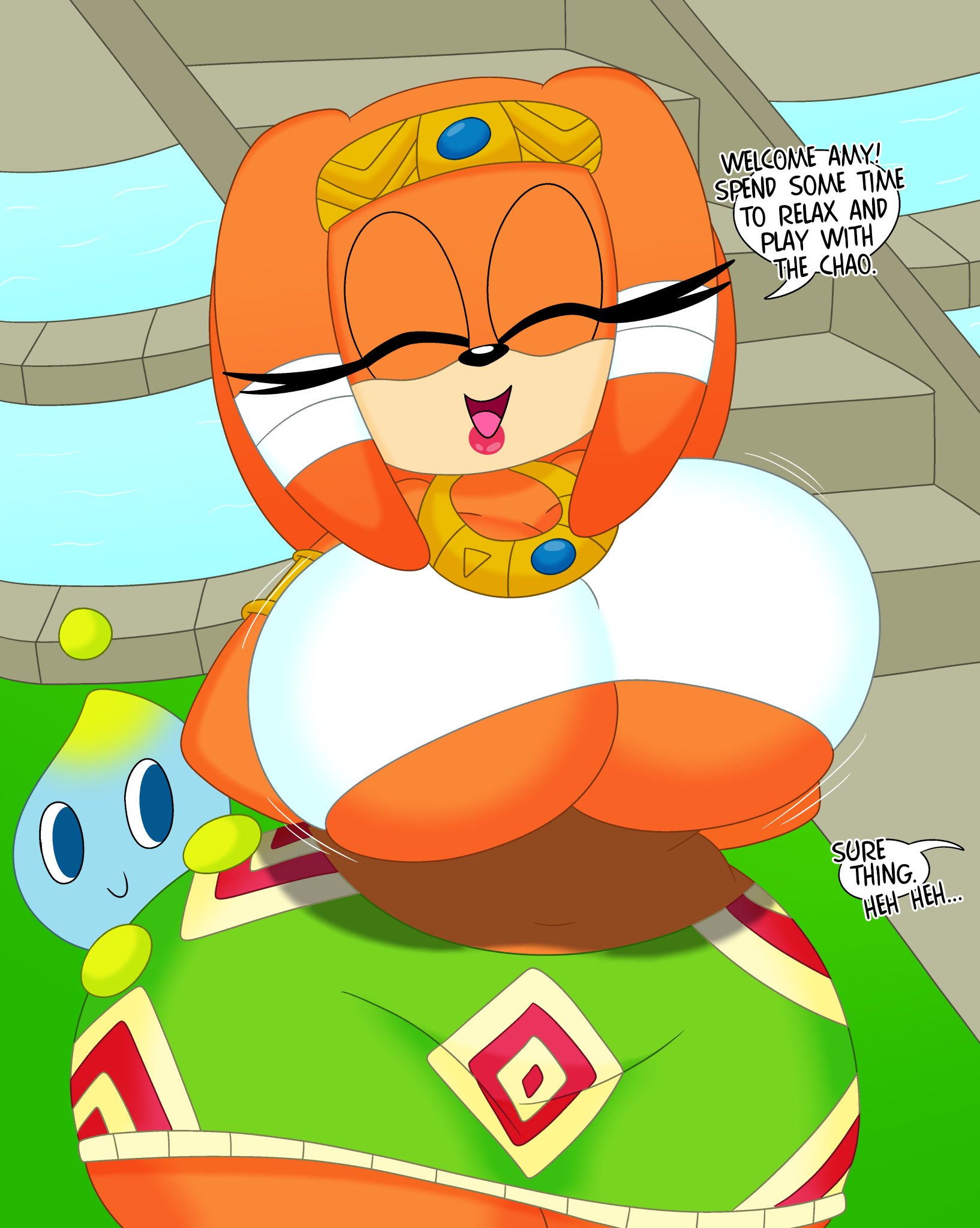 1girls, 3barts, anthro, ass, big breasts, breasts, busty, casual nudity, chao (sonic), clothed, female, female only, front view, huge ass, huge breasts, no bra, sonic (series), sonic the hedgehog (series), thick ass, thick thighs, tikal the echidna, underboob