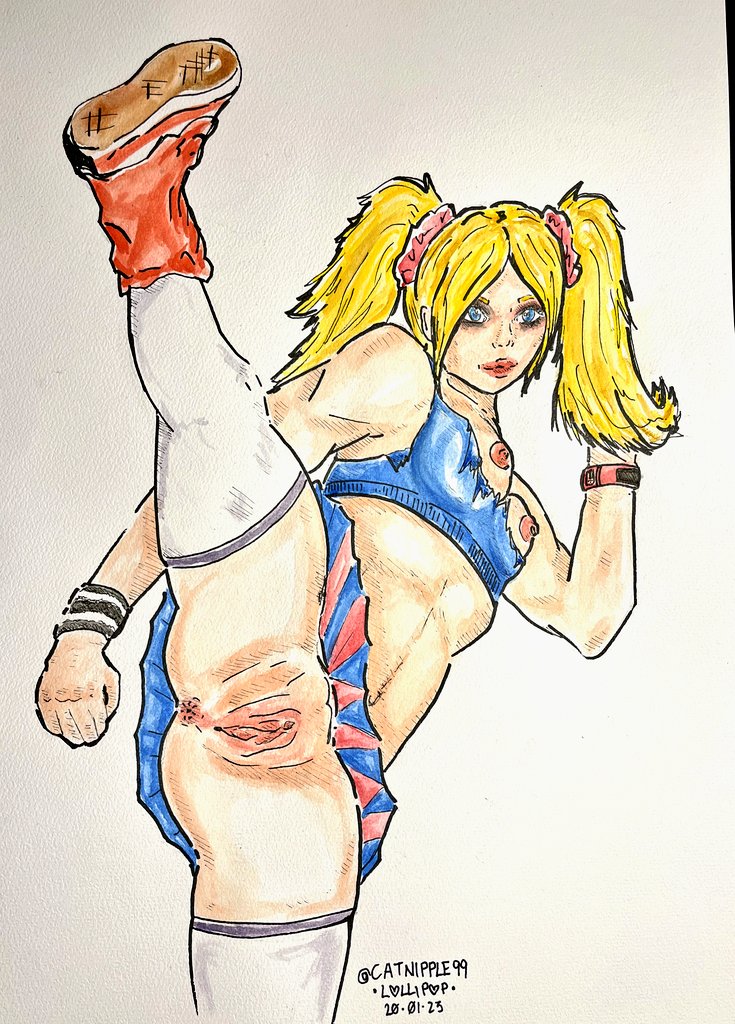 1girls anus_peek blonde_hair blue_eyes catnipple99 cheerleader cheerleader_uniform fighting_stance grasshopper_manufacture juliet_starling kicking lollipop_chainsaw miniskirt perky_nipples ripped_clothing shaved_pussy shoes skirt skirt_lift solo solo_female spread_pussy suda_51 traditional_media_(artwork) twintails vertical_splits watercolor_(artwork)