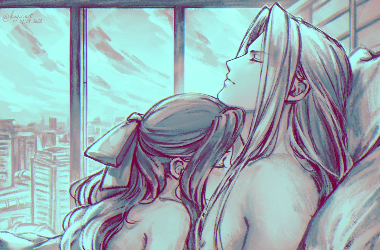 1boy1girl 1girls aerith_gainsborough after_sex closed_eyes elena_ivlyushkina female final_fantasy final_fantasy_vii final_fantasy_vii_remake kay-i long_hair lying_on_person male male/female on_top_of_another romantic sephiroth straight window