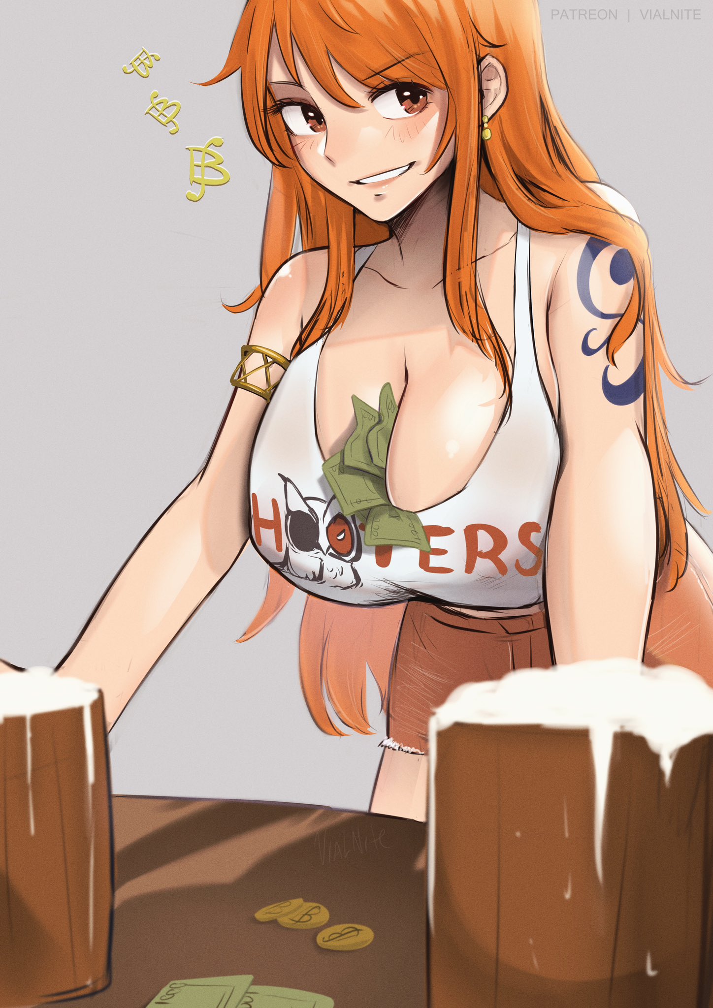1girls, arm tattoo, blue tattoo, booty shorts, breasts, cleavage, clothing, female, female only, grin, hooters, hooters uniform, huge breasts, light skin, light-skinned female, long hair, money, money in cleavage, nami (one piece), naughty face, object between breasts, one piece, orange hair, orange-haired female, post-timeskip, short shorts, shorts, smile, tank top, tattoo, twitter, vialnite, waitress