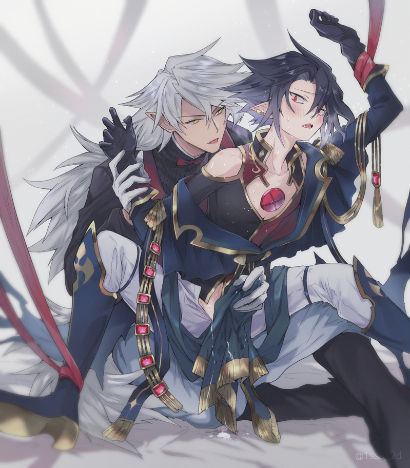 2boys black_hair blush bondage clothed clothing cum disgaea disgaea_4 fenrich gay gloves grey_hair hand_on_penis handjob male_only pointy_ears red_eyes restrained ribbon ribbon_bondage saliva_trail sweat tail valvatorez vampire werewolf yaoi yellow_eyes