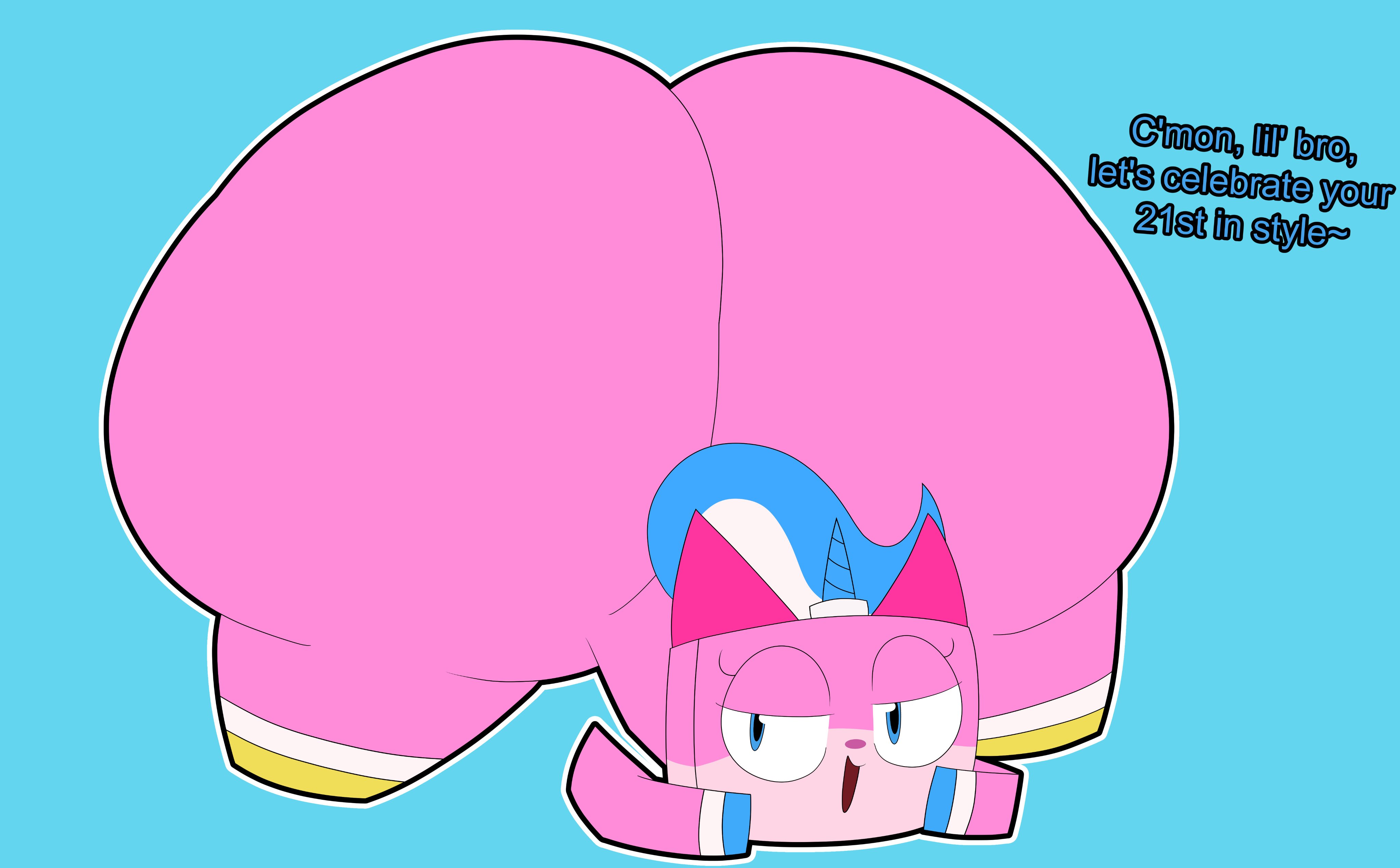 anthro, ass, big ass, big butt, brother and sister, but, cyandrive98, female, fur, horn, huge ass, huge butt, jack-o pose, lego, pink body, talking to partner, the lego movie, unikitty, unikitty (series), unikitty!