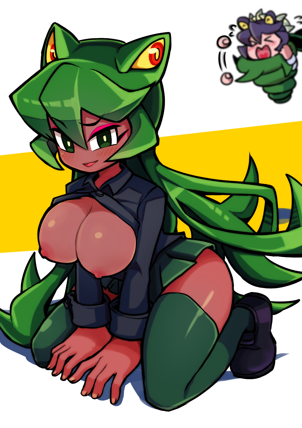 2021 blush breasts button_down_shirt cleavage filia_(skullgirls) fukua_(skullgirls) green_eyes green_hair jimafy nipples purple_hair samson_(skullgirls) shamone_(skullgirls) shirt shoes skirt skullgirls socks solo_focus