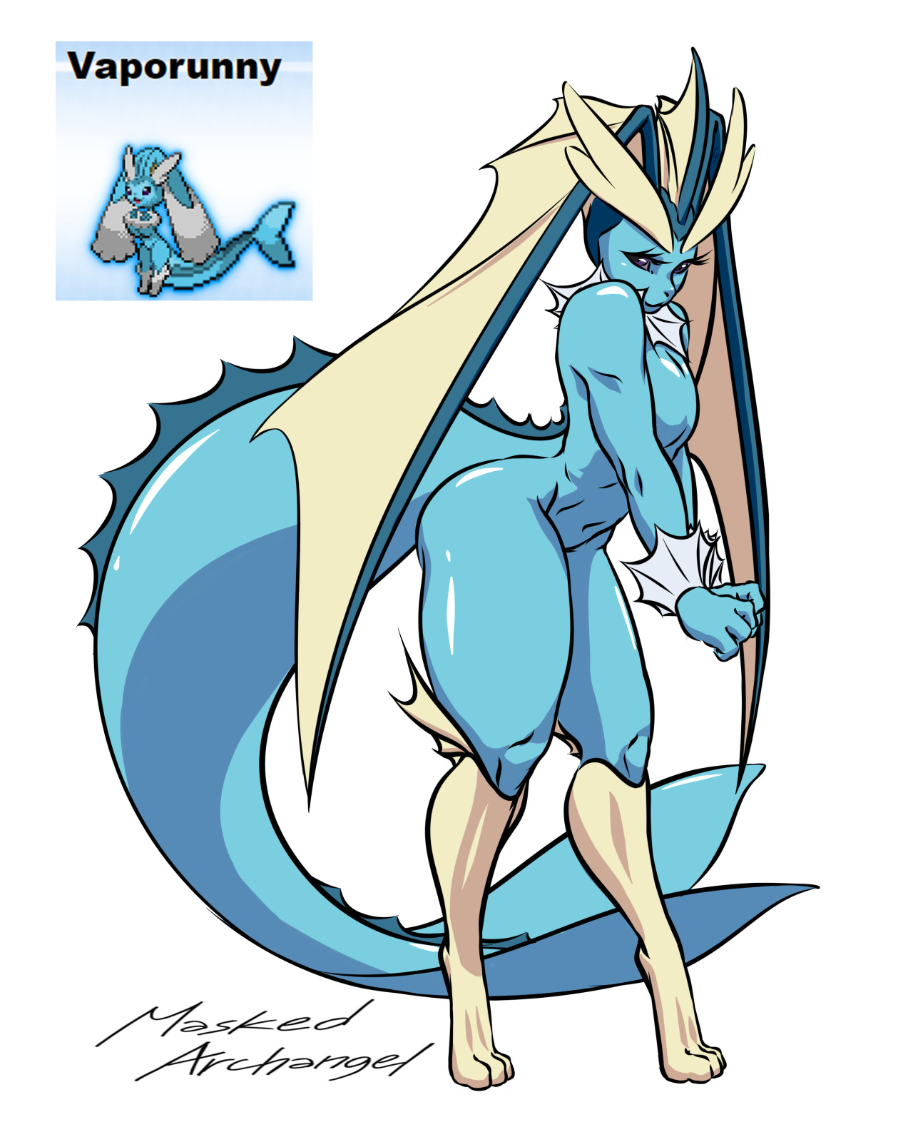 2d, bunny ears, bunny girl, digital art, digital drawing (artwork), female, female focus, female only, furry, lopunny, masked archangel, nintendo, pokémon (species), pokemon, pokemon (species), tagme, thick thighs, thighs, vaporeon, vaporunny, white background