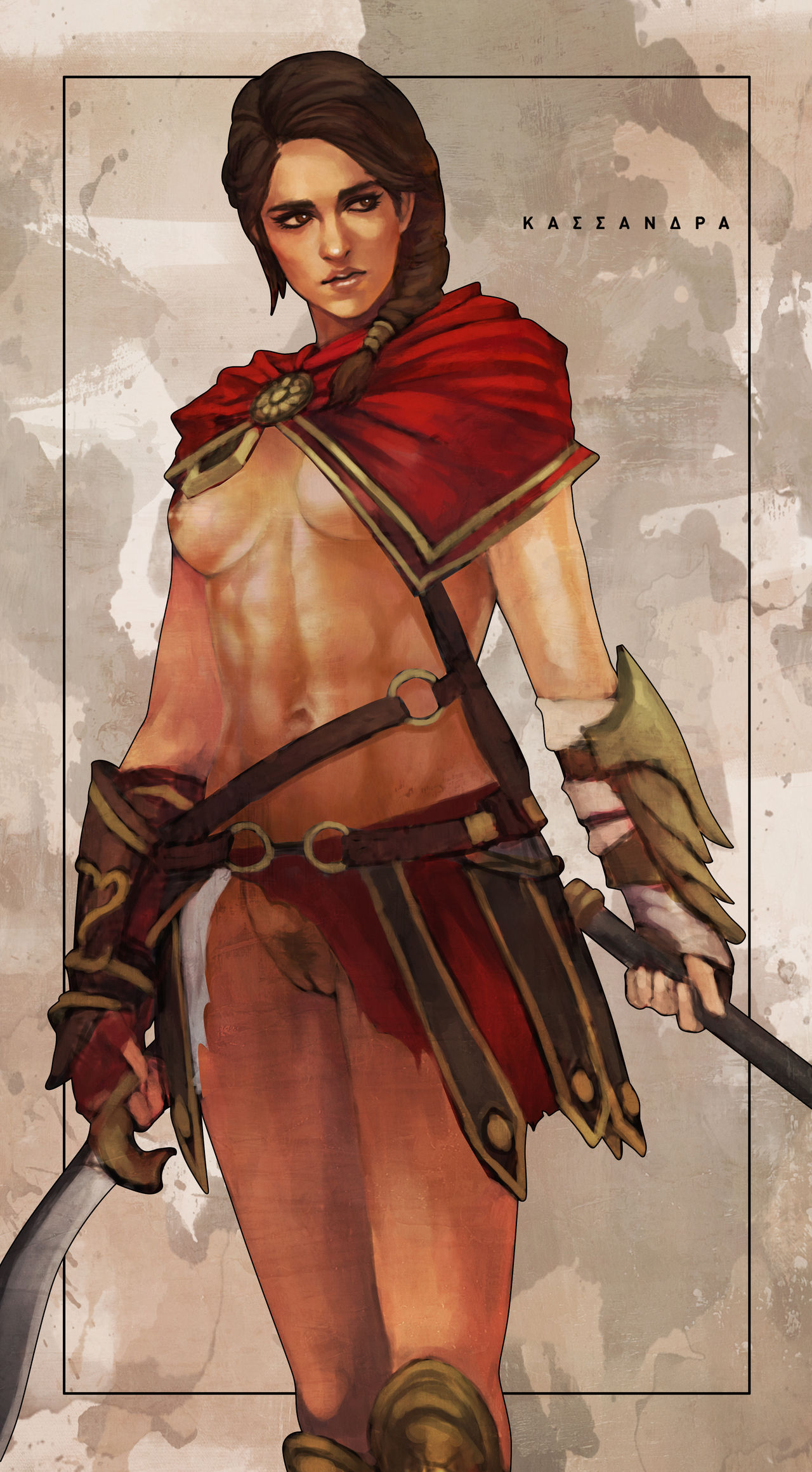 1girls, 2d, abs, assassin's creed (series), assassin's creed odyssey, breasts, brown eyes, brown hair, brown skin, cape, female, female only, female protagonist, female pubic hair, female warrior, greek, highres, kassandra (assassin's creed), medium breasts, monorirogue, muscular, muscular female, nipples, nude, poster, pubic hair, pussy, side ponytail, skirt, skirt lift, small breasts, solo, solo female, spear, straps, sword, text, ubisoft, warrior