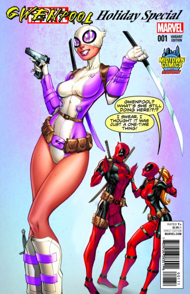 1boy 2girls antihero antiheroine big_breasts breasts comic_cover curvy curvy_female curvy_figure deadpool english_text female gwen_poole gwenpool gwenpool_(series) j_scott_campbell lady_deadpool light-skinned_female male marvel marvel_comics mask smile superheroine text tight_clothing wade_wilson wanda_wilson wide_hips