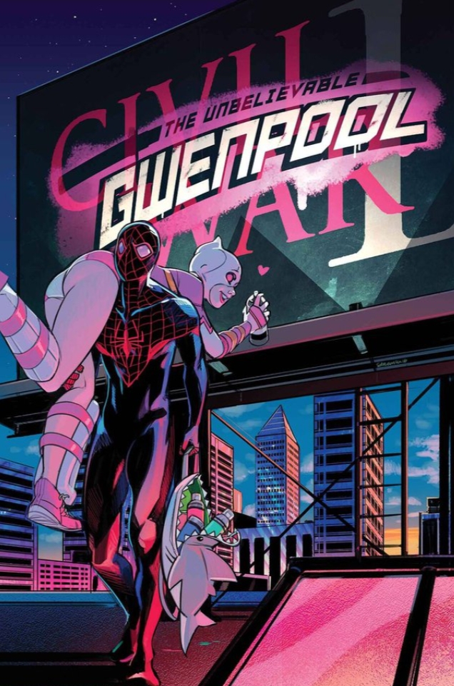 1boy, 1girls, ass, ass focus, big ass, carrying, carrying partner, comic, comic cover, curvy, female, gwen poole, gwenpool, gwenpool (series), light skin, light-skinned female, male, male/female, marvel, marvel comics, mask, miles morales, official art, spider-man, spider-man (series), straight, superhero, superheroine, tight ass, tight clothing, unbelievable
