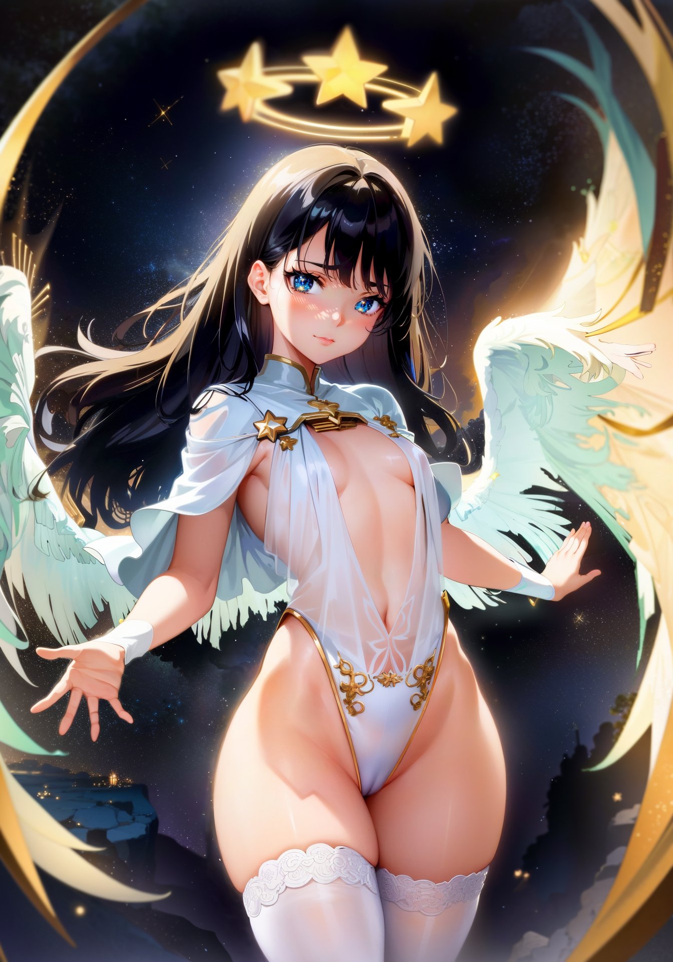 2023, ai generated, angel, angel wings, black hair, breasts, female, high resolution, long hair, looking at viewer, seductive look, small breasts, stable diffusion