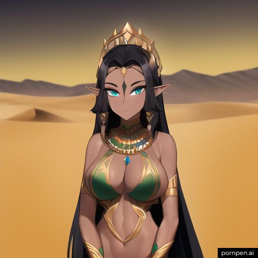 ai_generated black_hair dark_skin desert elf elf_female female_elf green_eyes jewelry long_hair looking_at_viewer pornpen.ai revealing_clothes tribal