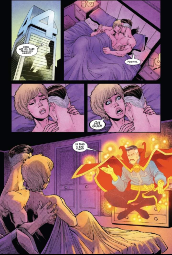 1boy1girl 1girls 2boys bed bedroom blonde_hair cape cockblock cockblocked comic_page doctor_strange english_text fantastic_four female human human_only interrupted interrupted_sex interruption invisible_woman light-skinned_female light-skinned_male male male/female marvel mr_fantastic naked naked_female naked_male nude nude_female nude_male pleasure_face reed_richards sex short_hair straight sue_storm superhero superheroine text