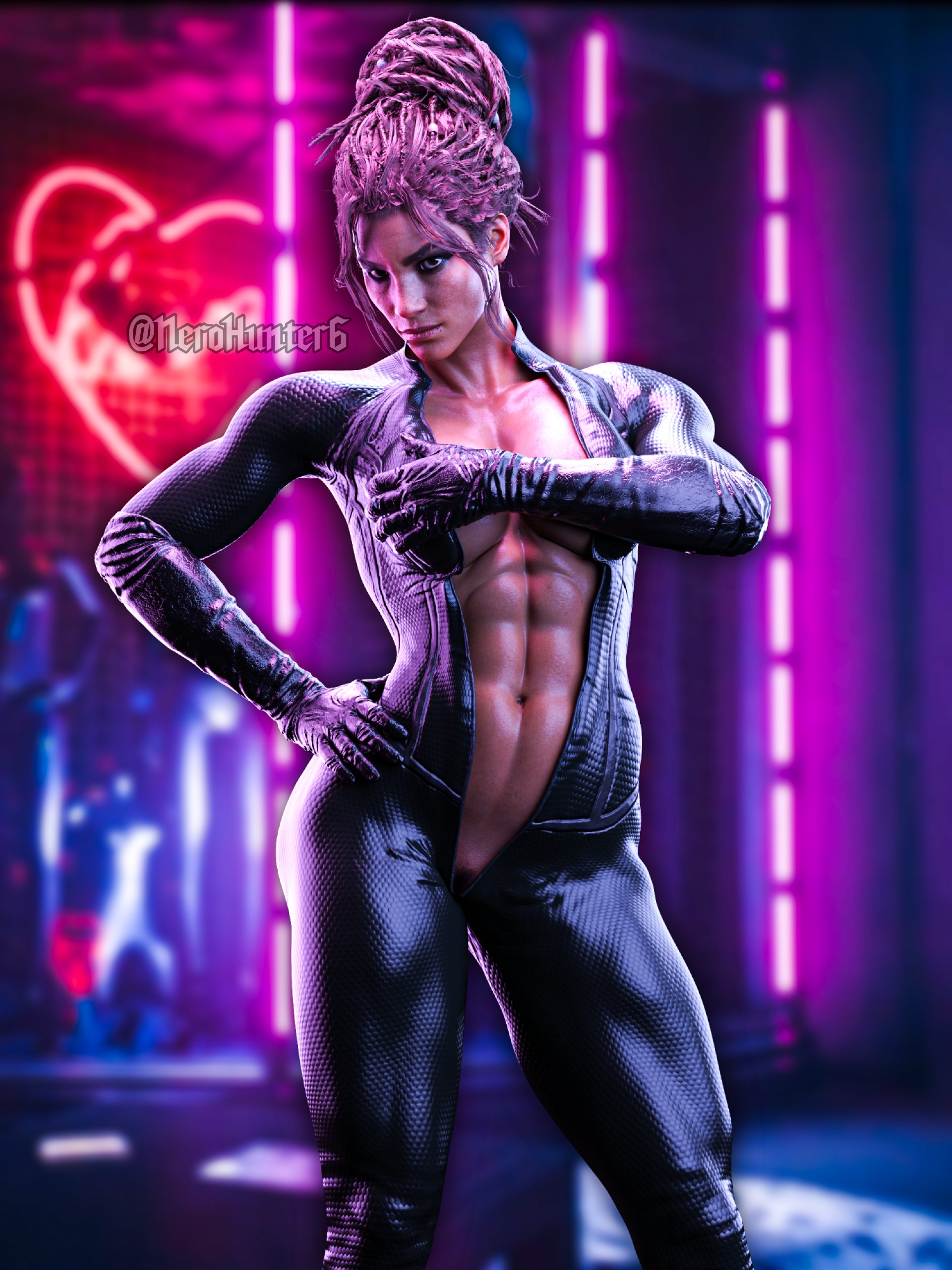 1girls, 3d, abs, ass, big ass, bodysuit, cd projekt red, cyberpunk 2077, female, female only, hair bun, legs, nerohunter6, oiled, open bodysuit, panam palmer, pose, posing, shiny, shiny skin, smile, smiling, smiling at viewer, solo, suit, thick thighs