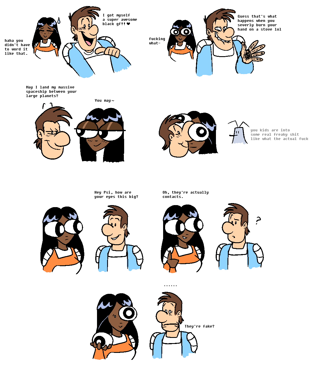 1boy1girl bedroom_eyes big_eyes big_nose black_hair blue_clothing brown_hair canon_couple chocolate_and_vanilla comedy couple dark-skinned_female dark_skin dialogue doodle eye_contact fake_eyes funny glaring humor innuendo joke joke_art light-skinned_male looking_at_each_other métro_(once_upon_a_time..._space) nose_between_eyes once_upon_a_time..._space orange_clothing peyezuri pierrot psi question_mark romantic_couple self_upload shitpost shocked shocked_expression small_eyes suggestive suggestive_look sukala-ap sweatdrop unexpected