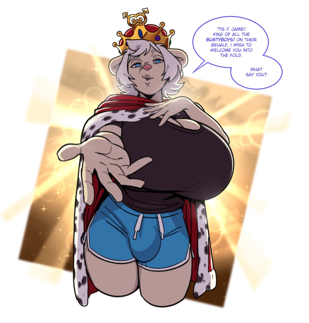 1boy anthro big_breasts blue_eyes boosterpang bulge busty_boy cape clothed clothing crown dialogue english_text fully_clothed hair huge_breasts jamie_(boosterpang) male male_only male_with_breasts shorts solo standing text thick_thighs top_heavy white_hair wide_hips