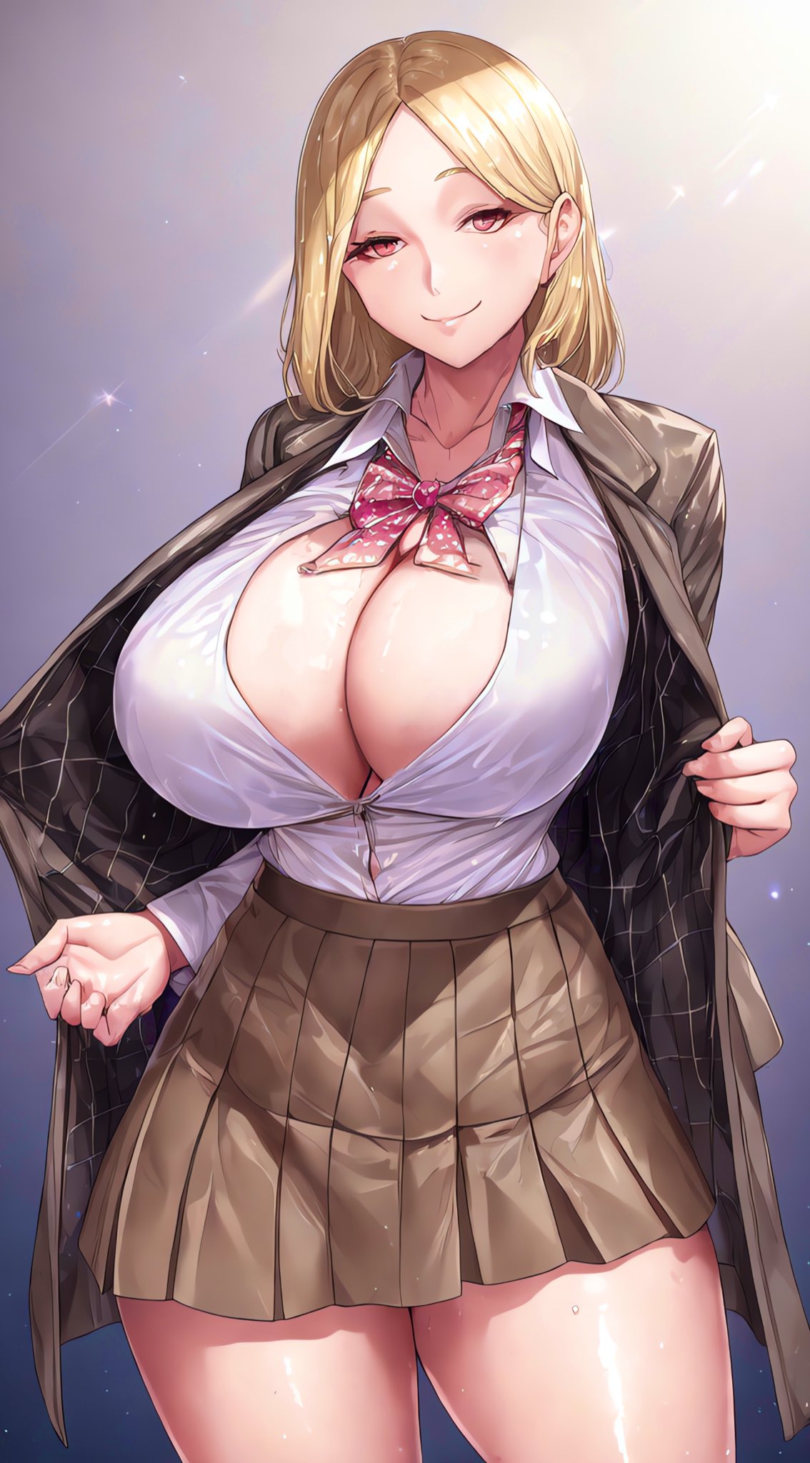 1girls, ai generated, blonde hair, breasts, cleavage, female, gyaru, holaraai, huge breasts, light skin, light-skinned female, long hair, massive breasts, original, original character, red eyes, school uniform, schoolgirl, short skirt, skirt, stable diffusion, thick thighs, wide hips