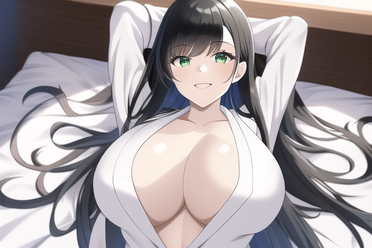 1girls ai_generated arms_behind_head bed black_hair breasts cleavage dressing_gown female green_eyes huge_breasts large_breasts long_hair looking_at_viewer nai_diffusion on_back on_bed smile stable_diffusion upper_body