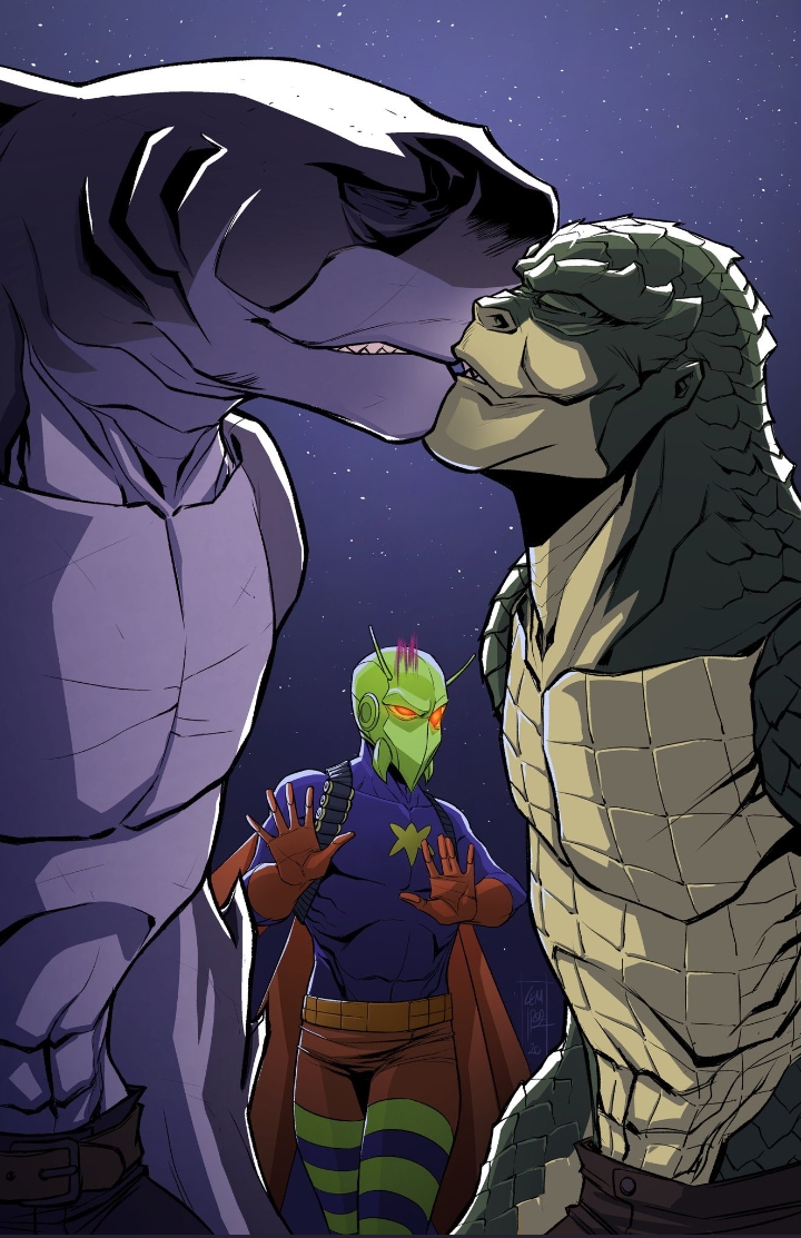 3boys artist_request batman_(series) crocodile dc dc_comics drury_walker funny gay gay_kissing interspecies killer_croc killer_moth king_shark kissing male male/male male_only mammal muscular muscular_male nanaue scalie shark villain waylon_jones yaoi