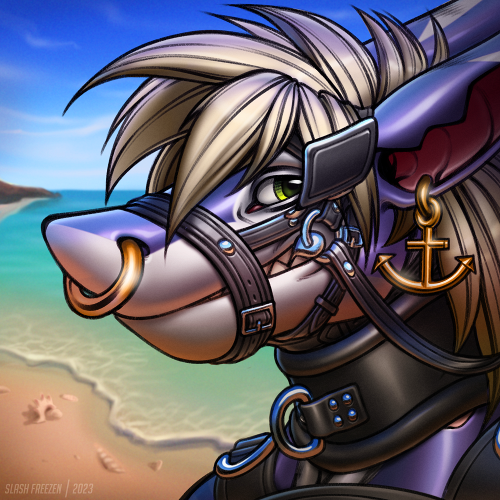 ambiguous_gender anthro beach black_collar blinders blonde_hair blue_sky bondage bondage bound bust_portrait collar ear_piercing ear_ring eyewear fish glistening glistening_eyes green_eyes hair looking_at_viewer marine muzzle_(object) muzzled outside piercing portrait purple_body ring_piercing seaside shark sky slash_freezen solo thick_collar white_body