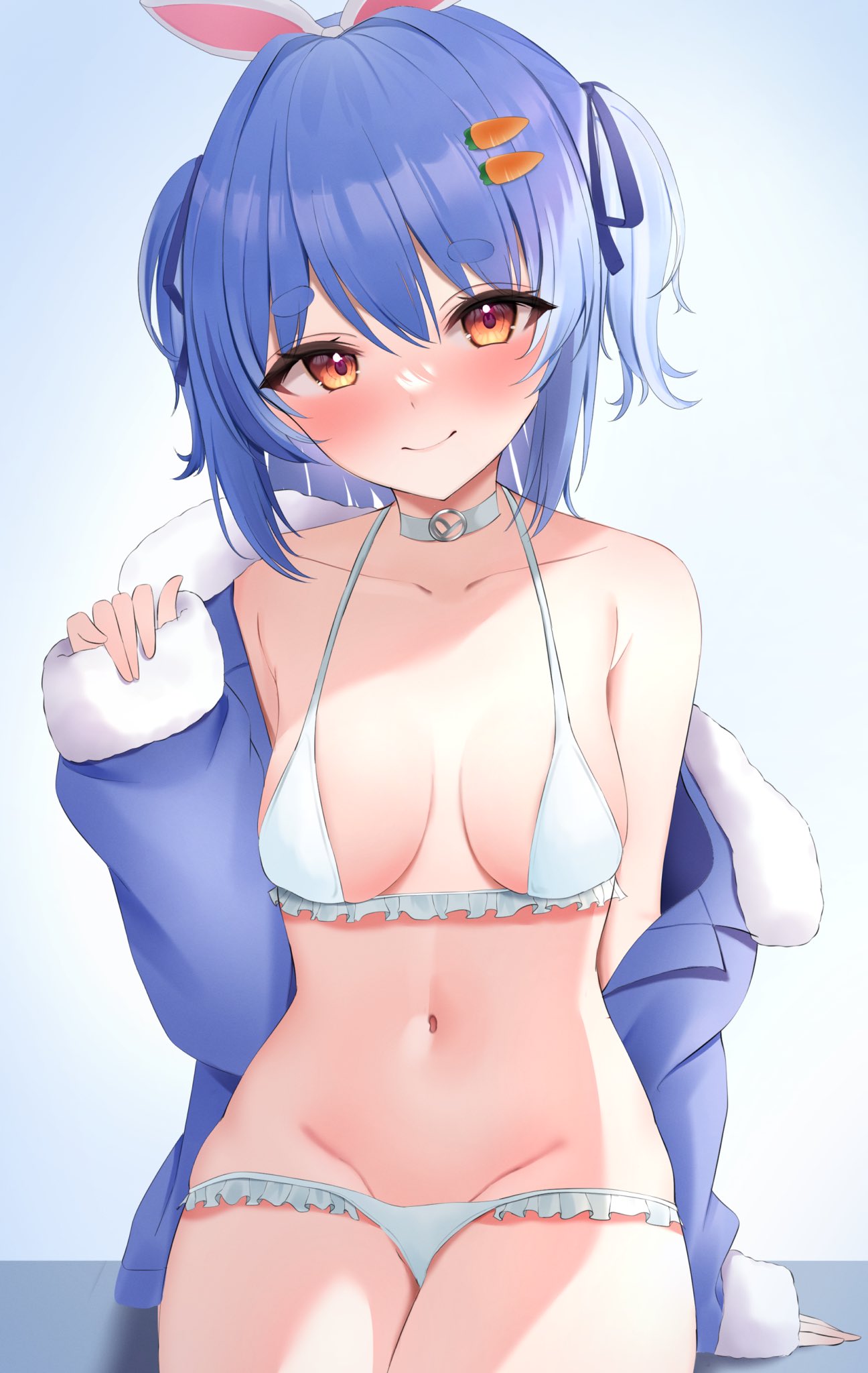 animal ears, bangs, bare shoulders, bikini, bikini pull, blue background, blue hair, blue jacket, blush, breasts, carrot hair ornament, choker, closed mouth, clothes pull, collarbone, fake animal ears, female, food-themed hair ornament, frilled bikini, frills, fur trim, fur-trimmed jacket, gradient background, gradient eyes, groin, hair ornament, hair ribbon, halterneck, hand up, highres, hololive, hololive fantasy, hololive japan, jacket, long sleeves, medium breasts, mikumineko, multicolored eyes, navel, open clothes, open jacket, orange eyes, rabbit ears, rabbit girl, ribbon, short eyebrows, sidelocks, sitting, sleeves past wrists, smile, solo, stomach, swimsuit, thick eyebrows, thighs, two side up, usada pekora, virtual youtuber, white bikini, white choker