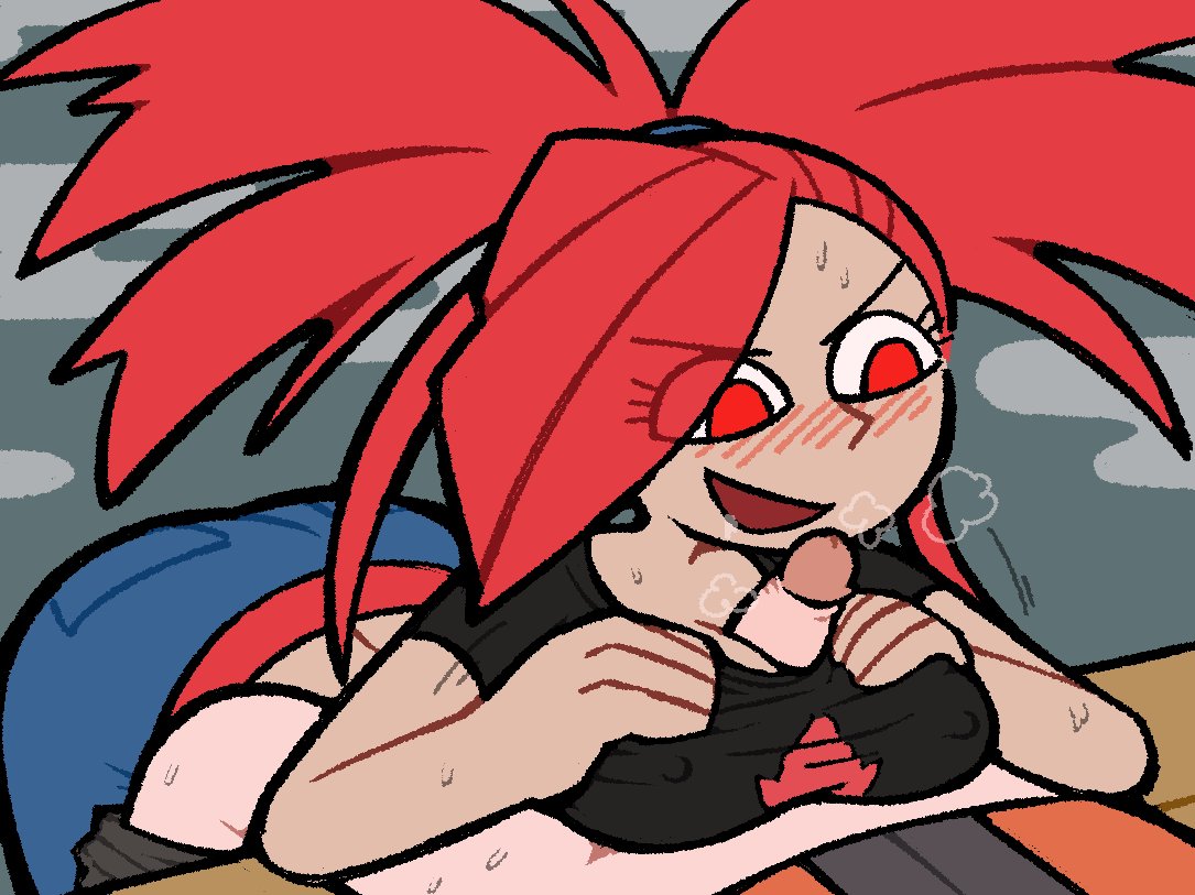 1boy bottomless_male breath brendan_(pokemon) clothed_sex female flannery_(pokemon) flannery_(pokemon_rse) krusha64612042 paizuri paizuri_under_clothes pokemon pokemon_rse red_hair steam sweat tblb203