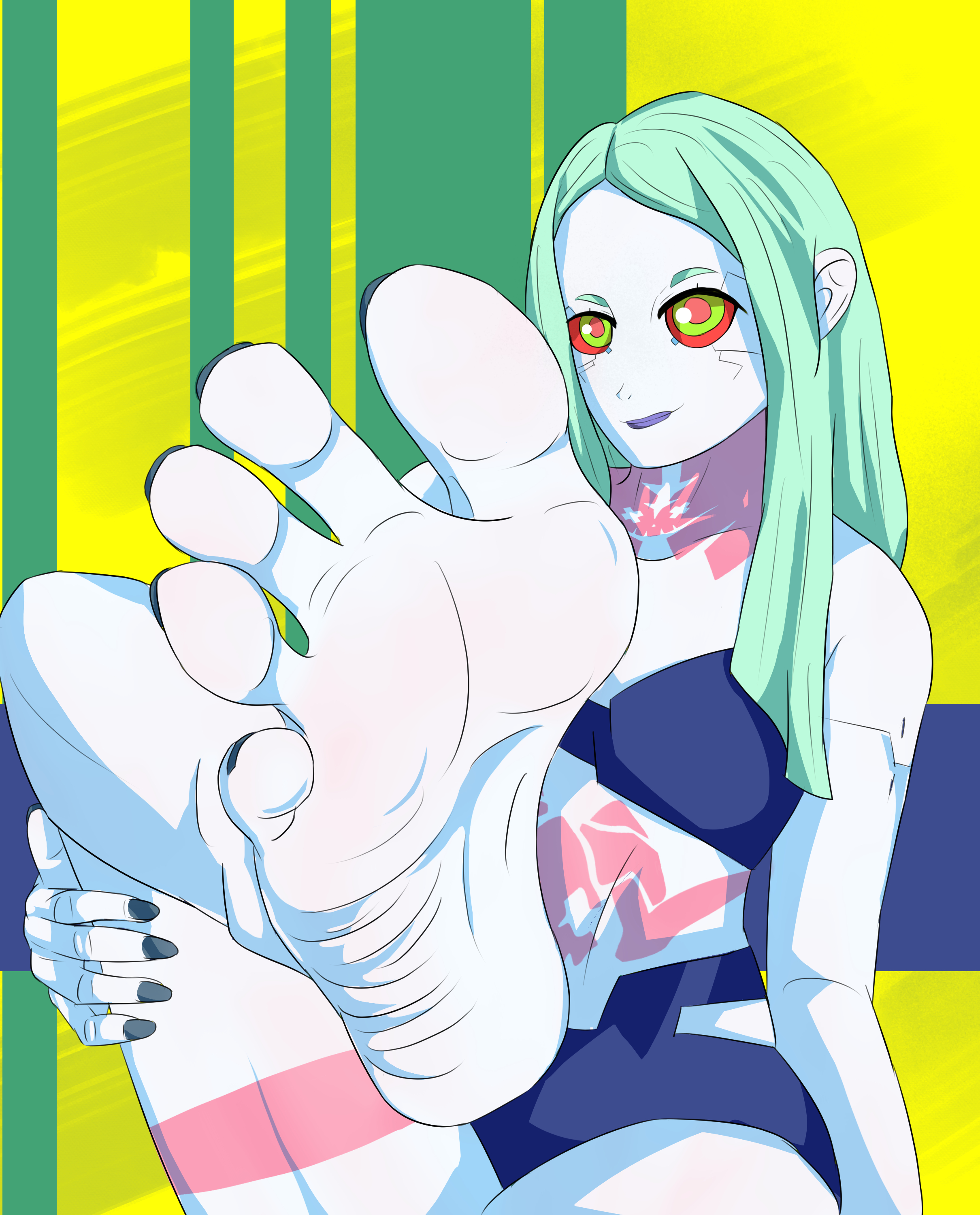 background, barefoot, black nails, black toenails, cd projekt red, color, colored, colored background, cyberpunk 2077, cyberpunk: edgerunners, feet, female, female focus, female only, foot fetish, foot focus, green eyes, green hair, light skin, light-skinned female, pale skin, pale-skinned female, pixiv, rebecca (edgerunners), solcaliburn
