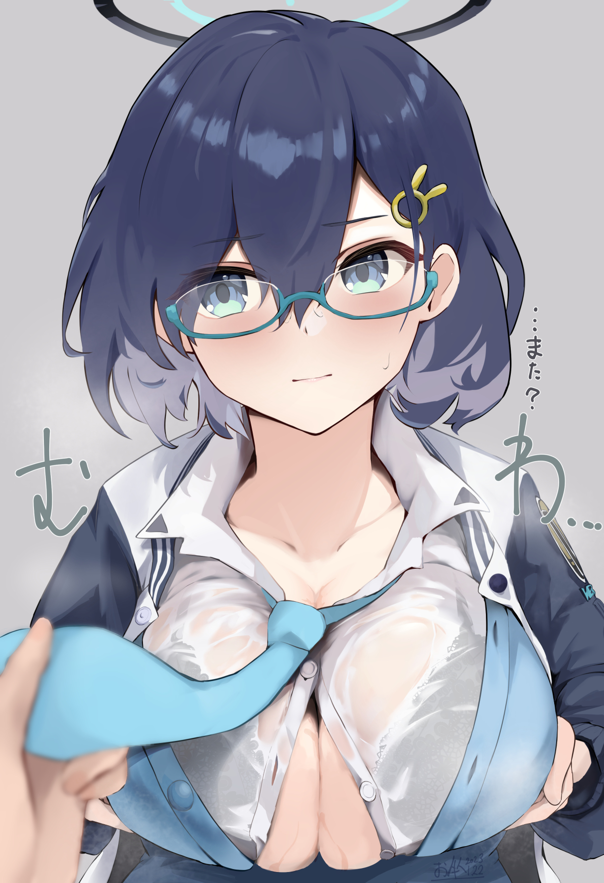 1girls, blue archive, blue eyes, blush, breasts, chihiro (blue archive), dark blue hair, female, glasses, halo, millennium science school student, oza osuwari, paizuri invitation, tagme, tie, underboob, veritas (blue archive), wet shirt