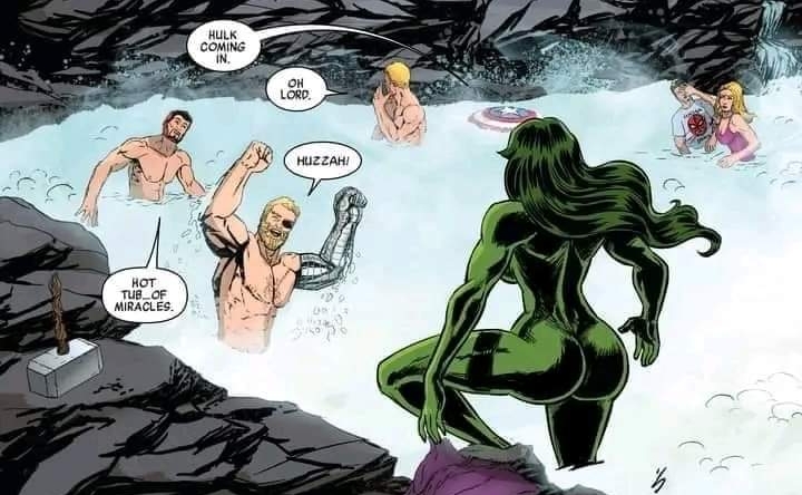 2girls 4boys ass avengers backboob beard big_ass big_breasts blonde_hair breasts captain_america's_shield carol_danvers child_bearing_hips curvaceous curvy curvy_female curvy_figure dialogue english_text female green-skinned_female green_hair green_skin hammer hips hot_spring hulk_(series) light-skinned_female light-skinned_male light_skin long_hair male marvel marvel_comics mjolnir multiple_boys multiple_girls muscular_female nude_female rear_view robbie_reyes she-hulk speech_bubble steve_rogers text thor_(marvel) thor_(series) tony_stark unknown_artist