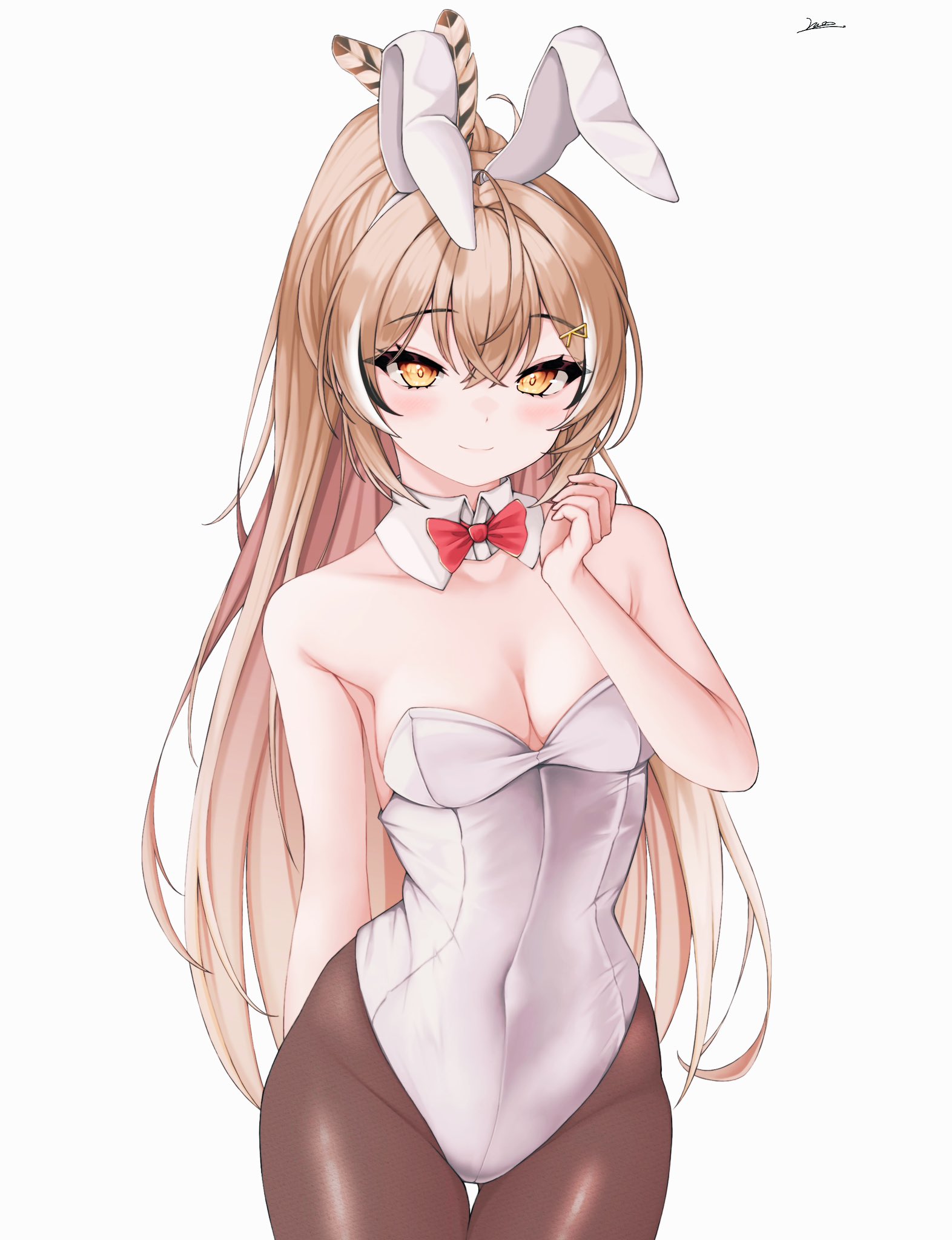 ahoge, alternate costume, animal ears, bangs, blush, bow, bowtie, breasts, brown eyes, brown hair, brown pantyhose, cleavage, deokchun, detached collar, fake animal ears, feather hair ornament, feathers, female, hair ornament, hairclip, highres, hololive, hololive english, hololive english -council-, hololive english -promise-, leotard, long hair, looking at viewer, medium breasts, multicolored hair, nanashi mumei, pantyhose, playboy bunny, ponytail, rabbit ears, smile, strapless, strapless leotard, streaked hair, very long hair, virtual youtuber, white leotard, wrist cuffs