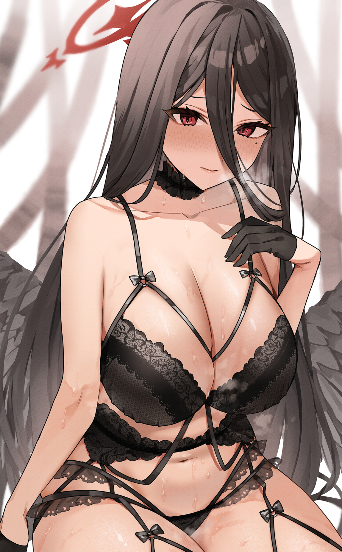 1girls, black gloves, black hair, blue archive, bra, breasts, cleavage, curvaceous, curvy, curvy figure, female, garter belt, garter straps, gloves, hasumi (blue archive), large breasts, light skin, light-skinned female, lingerie, looking at viewer, mommy, panties, ponytail, red eyes, sweat, sweaty body, underwear, voluptuous, wings