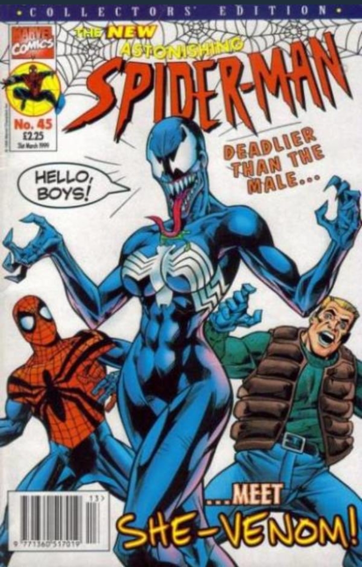 1990s 1999 1girls 20th_century 2boys abs alien ben_reilly big_breasts blonde_hair breasts cover_page curvy curvy_female dated eddie_brock english_text female fit fit_female fuckdeviantartsignin human light-skinned_male light_skin long_tongue male marvel marvel_comics mask official_art she-venom spider-man spider-man_(series) superhero superheroine symbiote text tight_clothing tongue tongue_out venom_(marvel) wide_hips