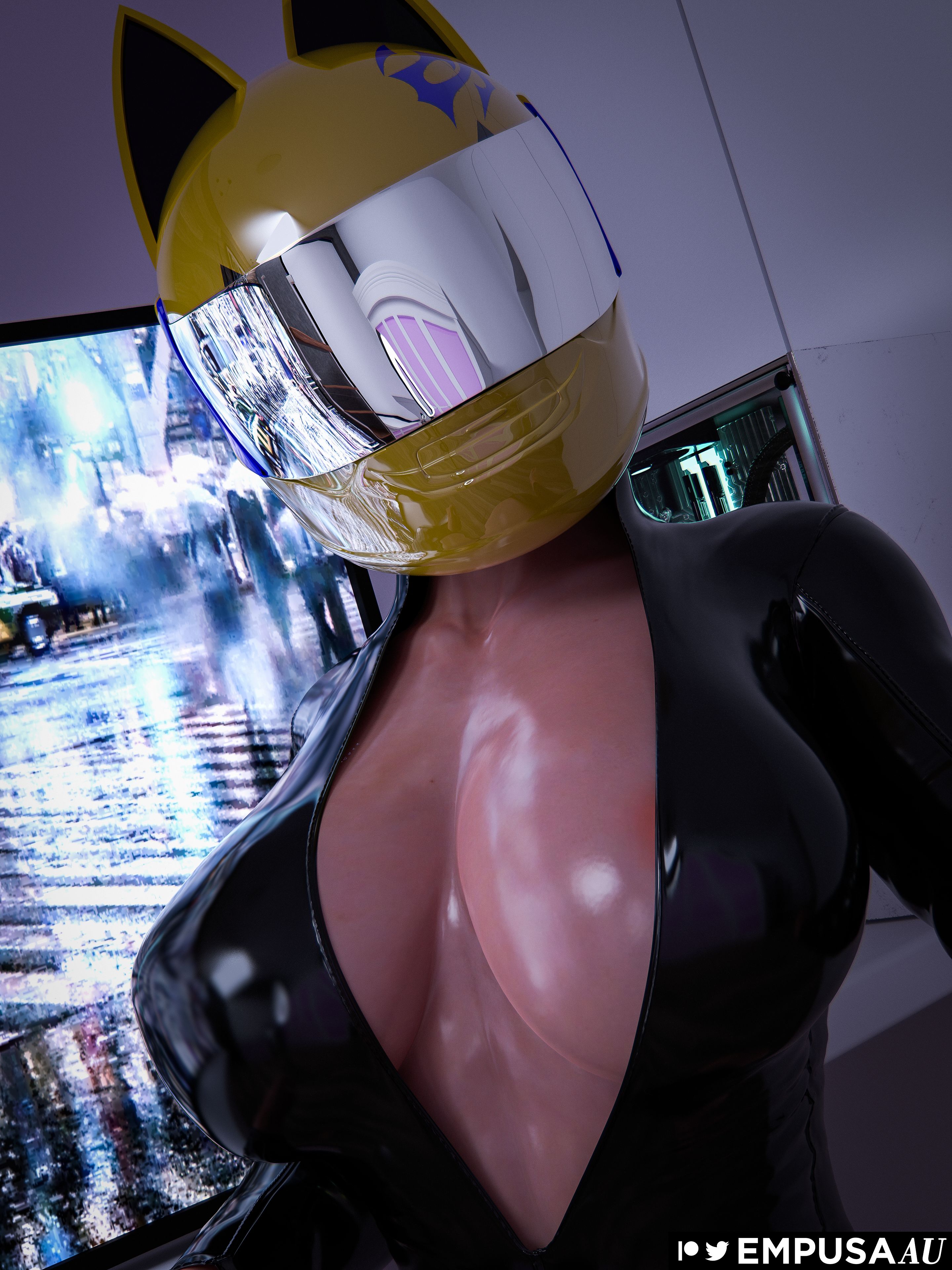 3d, 3d (artwork), 4k, areola, areola slip, areolae, big breasts, breasts, busty, celty sturluson, cosplay, durarara!!, empusaau, female, female focus, female only, helmet, highres, large breasts, leather, leather clothing, light skin, light-skinned female, looking at viewer, original character, pale skin, solo, solo female, tagme