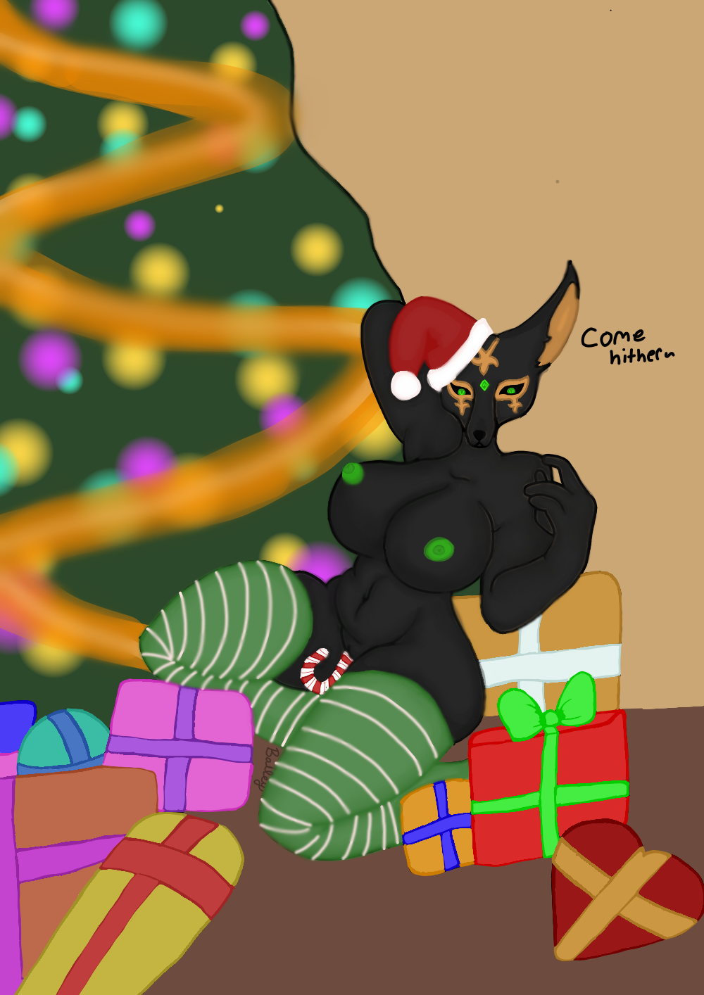 anthro azorian bailey_(ball_of_fluff) black_pussy candy candy_cane canid canine christmas christmas_clothing christmas_headwear clothing dessert female food fox genitals glowing glowing_eyes glowing_genitalia glowing_nipples green_eyes hat headgear headwear hi_res holidays hybrid legwear looking_at_viewer mammal nipples pats_(patrina_erubus) pussy santa_hat simple_background solo stockings