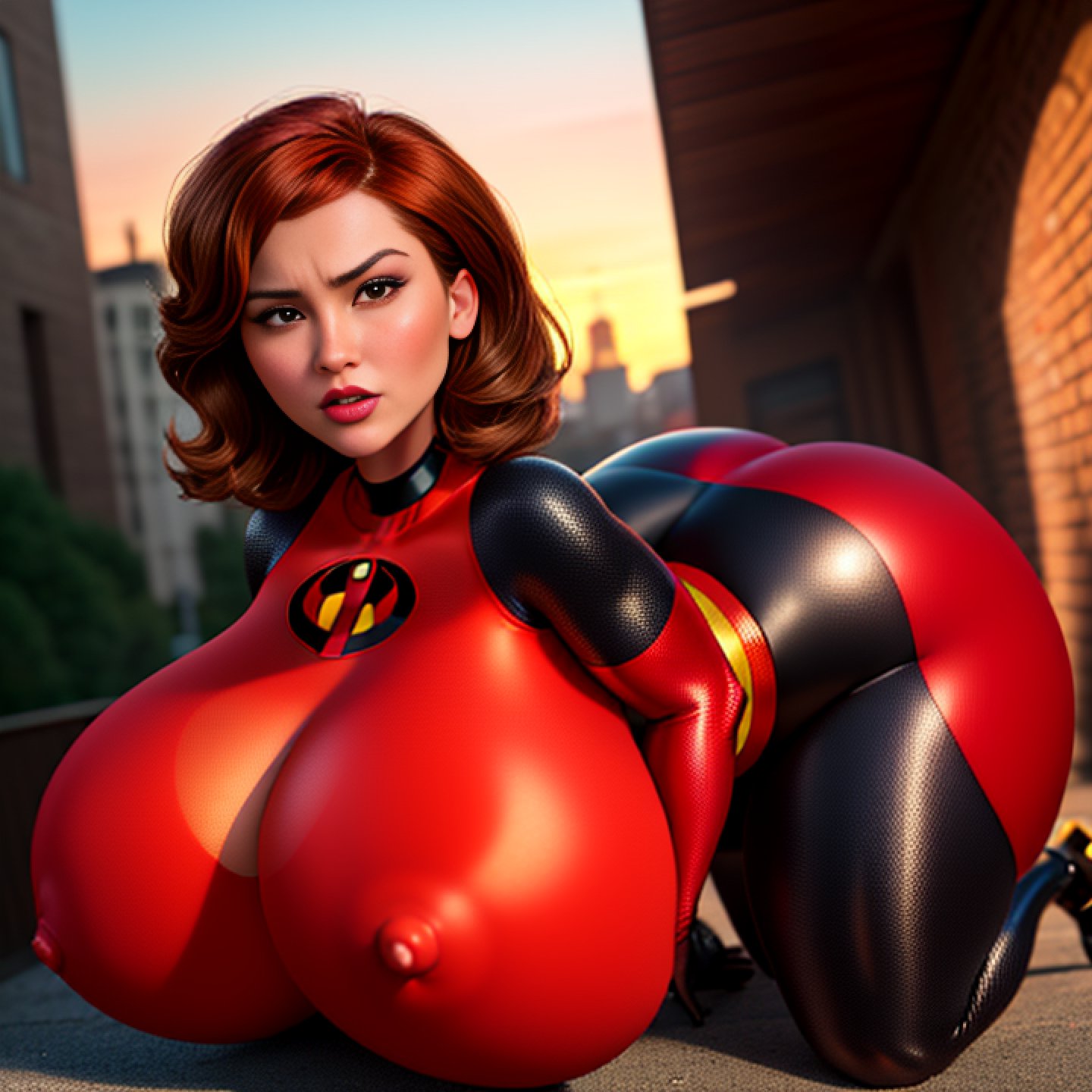ai generated, ass, backside, big ass, big breasts, big butt, bodysuit, breasts, brown hair, brunette hair, elastigirl, female, giant breasts, helen parr, heroine, huge ass, huge breasts, huge butt, jackd22, large ass, large breasts, large butt, milf, pixar, superheroine, the incredibles